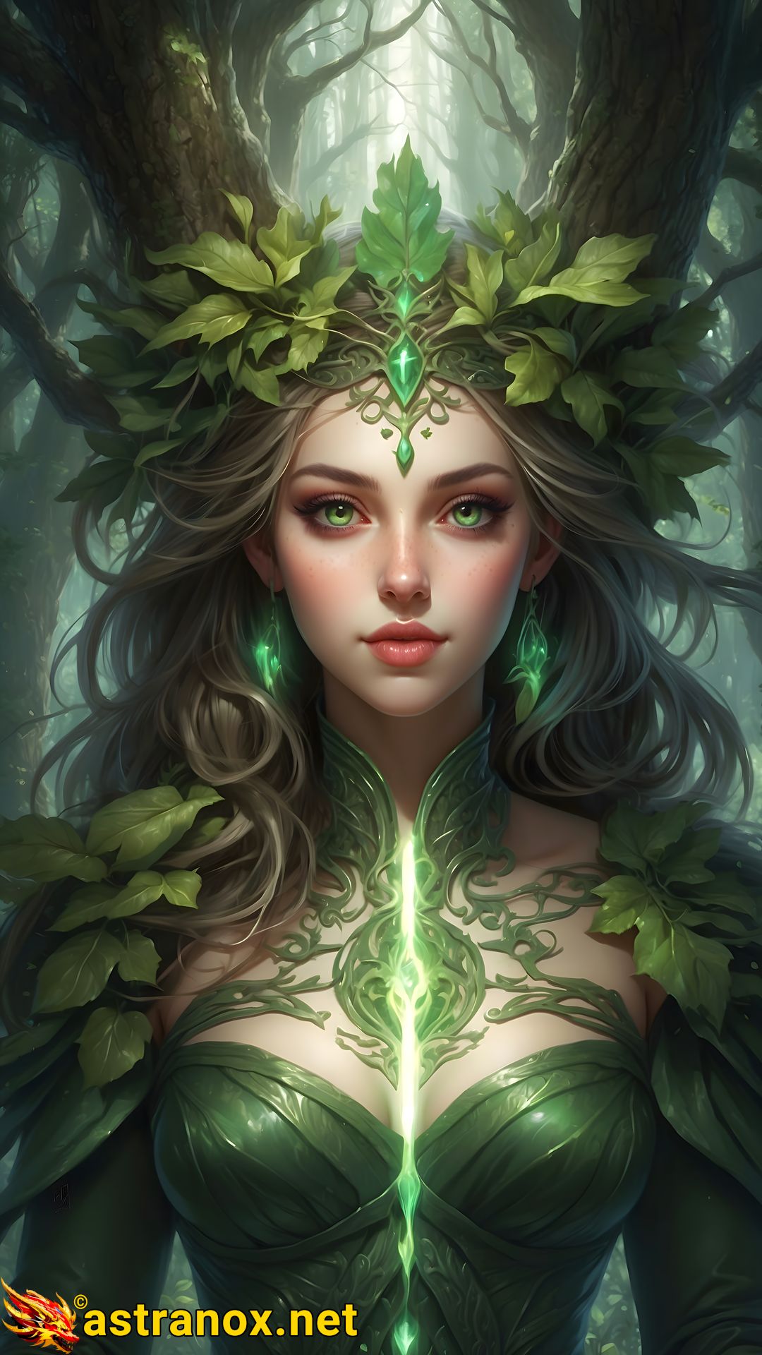 4K Wallpaper: Female druid adorned with vines and greenery, communing with nature in a mystical forest. Astranox