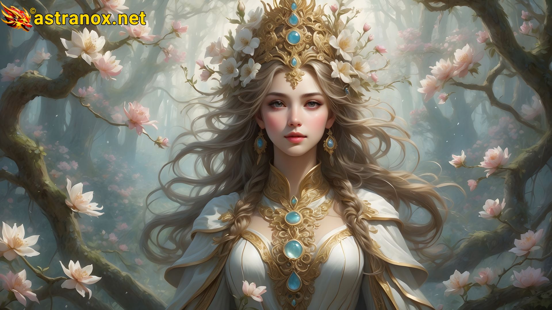 Enchanted Blossom Grove: Female priest radiates healing energy in this serene 4K wallpaper. Astranox