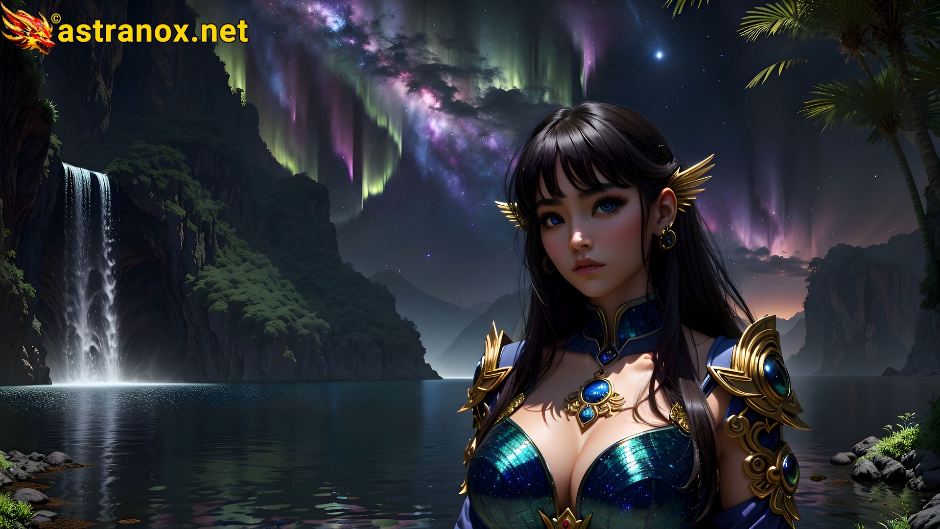 Mysterious female figure with blue eyes and side-swept black hair by a pristine waterfall at twilight - 4K wallpaper blending nature and fantasy Astranox