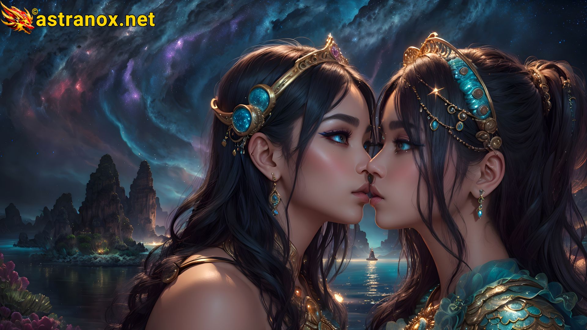 Two girls in love share a starlit kiss by the lake under the night sky - Fantasy 4K wallpaper Astranox