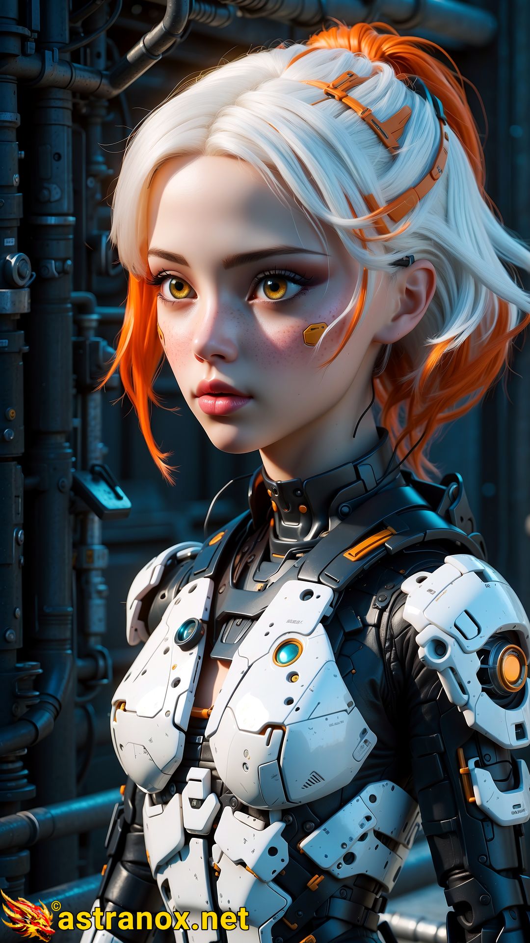 Female cyborg warrior with platinum hair and orange highlights. Hazel eyes pierce the darkness of Biohazard Alley. Cybernetic enhancements make her deadly in dangerous futuristic fashion district. Advanced appearance complements high-tech abilities. Technology reigns supreme, sleek lines, ethereal neon glow, force to be reckoned with. Astranox