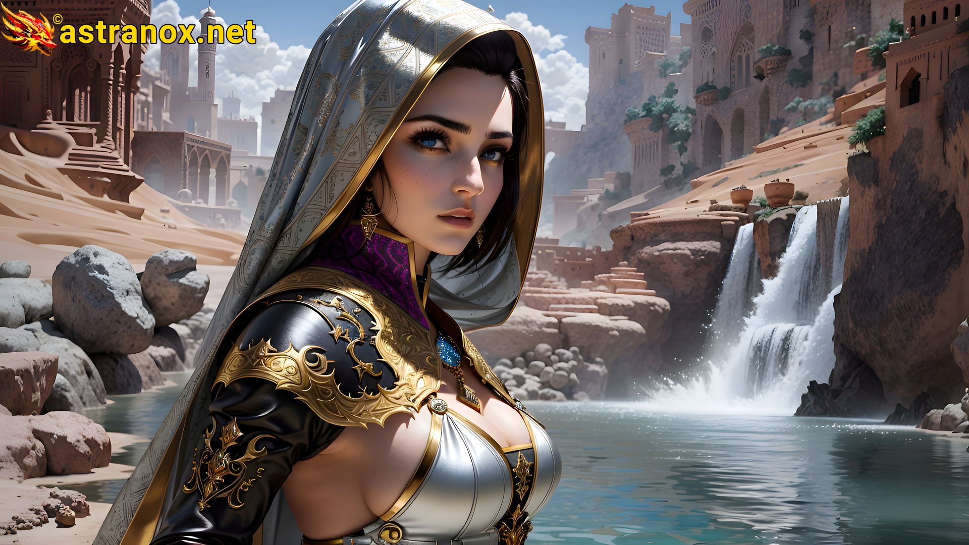 Warlock with blue eyes and black hair overlooking a captivating cityscape by the waterfront in the Middle East at daytime - 4K fantasy wallpaper capturing the essence of magic Astranox