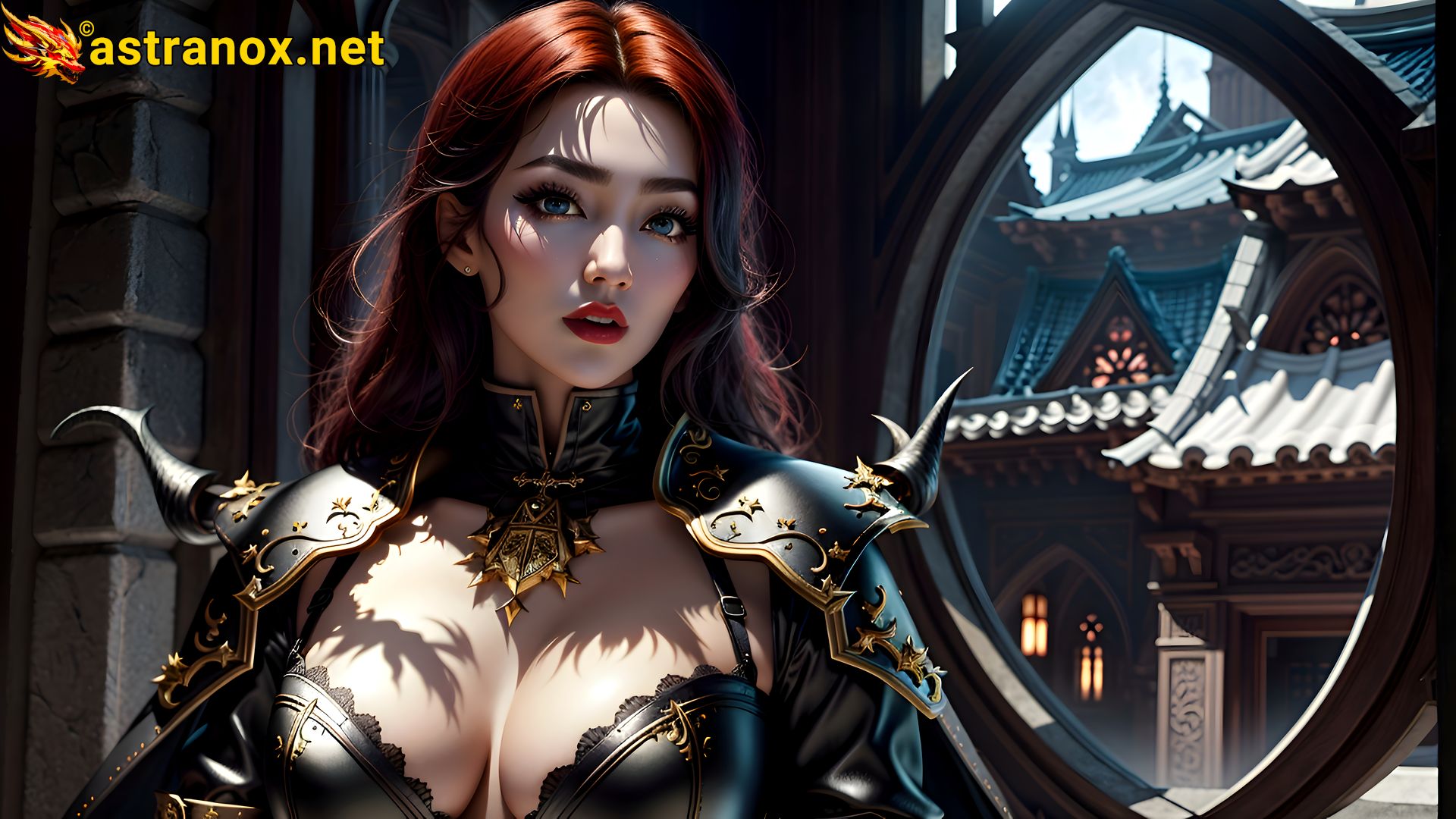 Powerful female warlock with blue eyes and fiery red hair takes center stage in the heart of a bustling city - 4K fantasy wallpaper capturing the essence of urban enchantment and magic Astranox