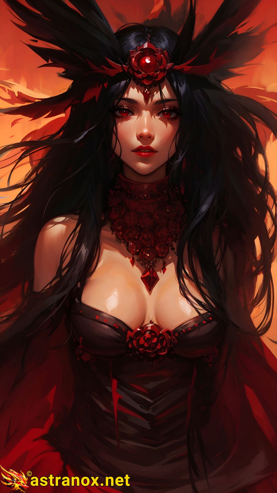 Captivating 4K Fantasy Wallpaper - The Crimson Wastes - Alluring Dark Necromancer Priestess in Arid Crimson Desert Astranox