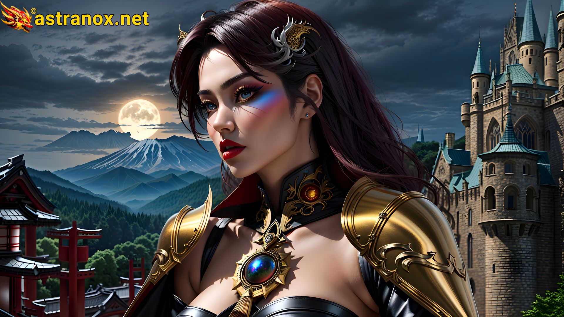 Captivating female warlock with blue eyes and burgundy hair, set against the enchanting backdrop of a modern cityscape at dusk - 4K fantasy wallpaper bringing magic to life Astranox