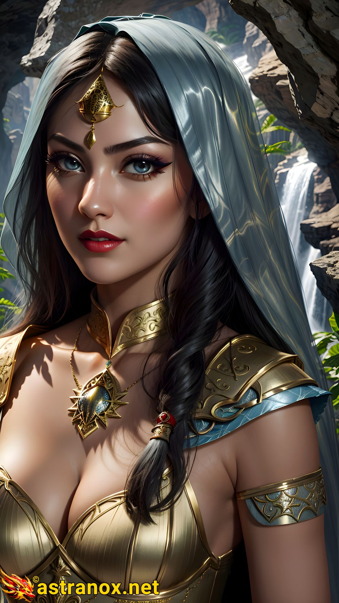 Enchanting portrait of a female Sorcerer with striking blue eyes and straight black hair by the mountain in the daytime - 4K fantasy portrait, an invitation to explore a world of magic and wonder Astranox