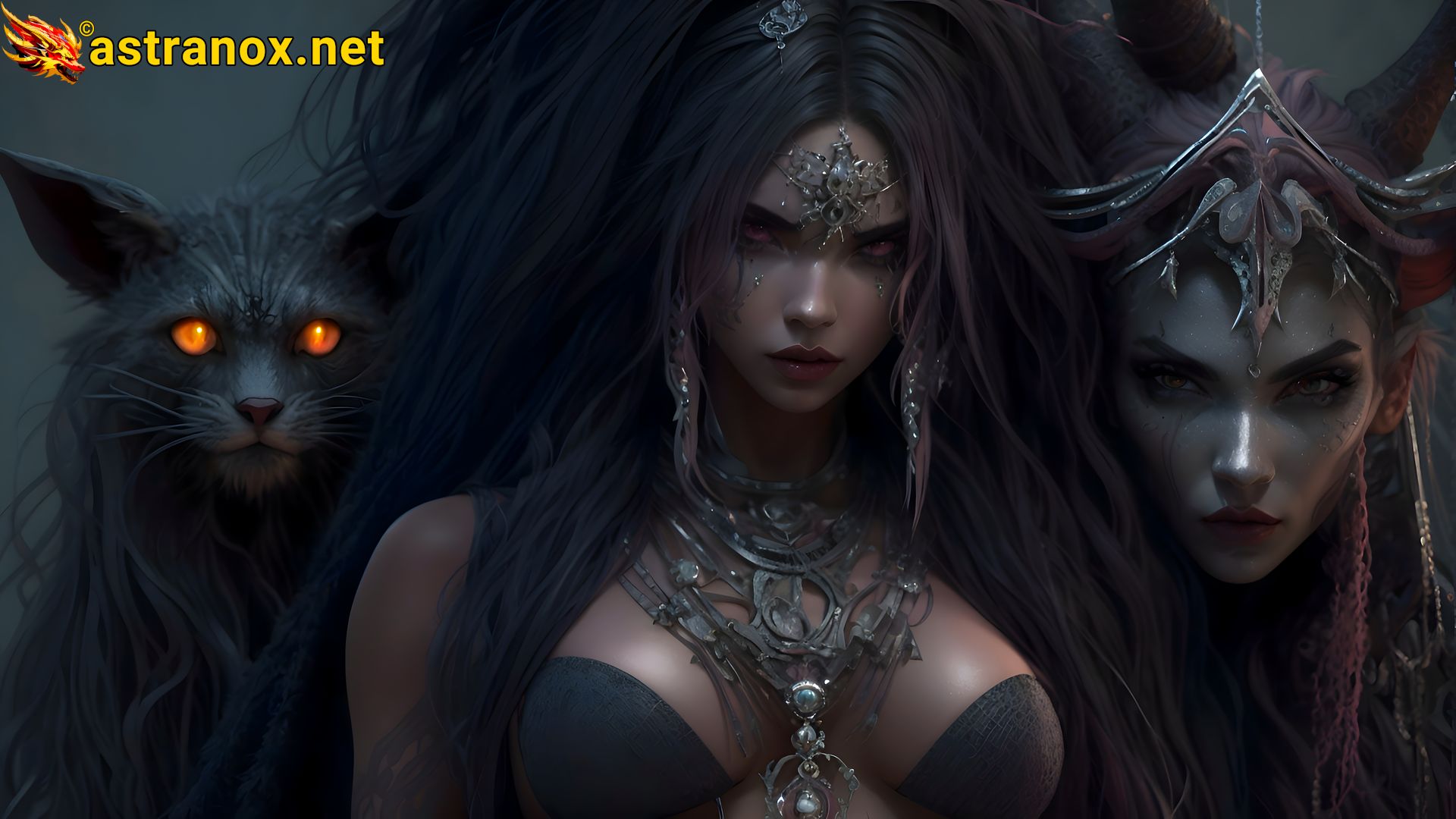 Discover the enchanting world of a female necromancer, her enigmatic companion, and an evil black cat in this 4K fantasy portrait. Lawful Evil and dark sorcery come to life in this mystical landscape Astranox