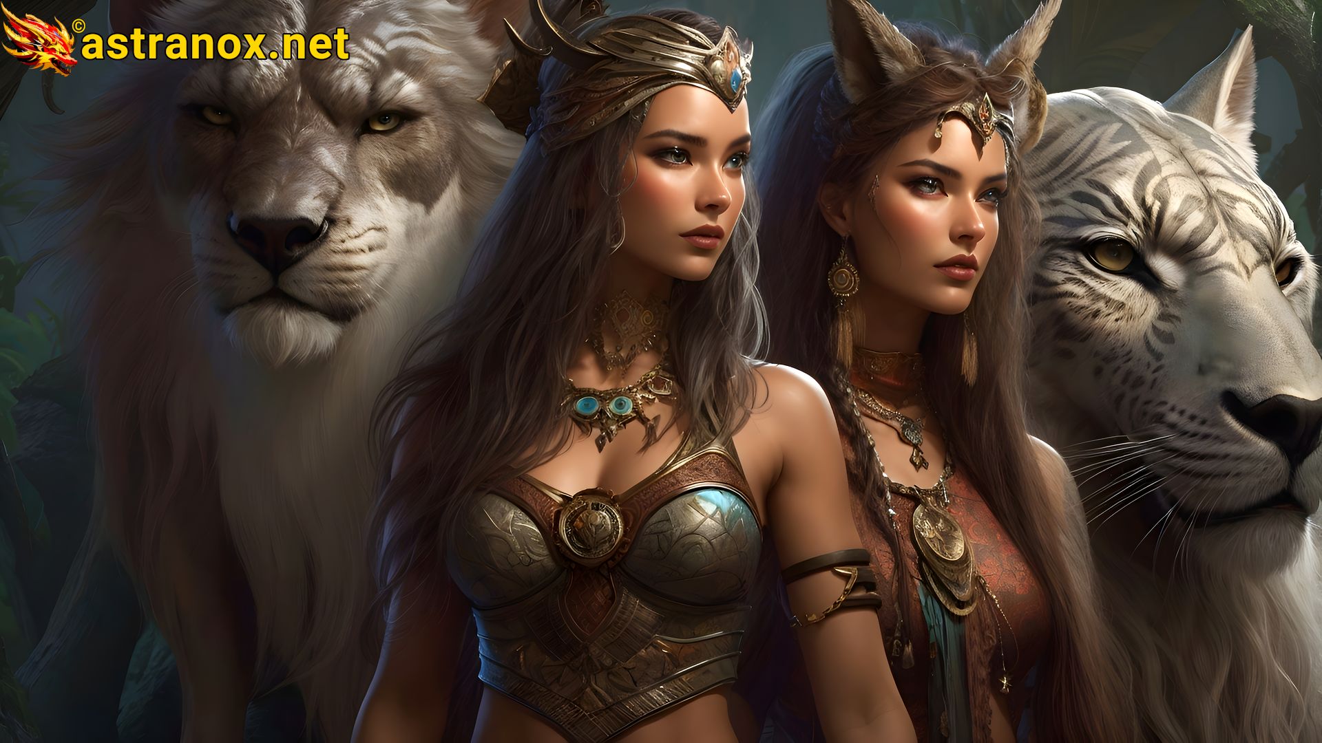 Enchanted Druid Sisters and Mythical Beasts - 4K Wallpaper Astranox