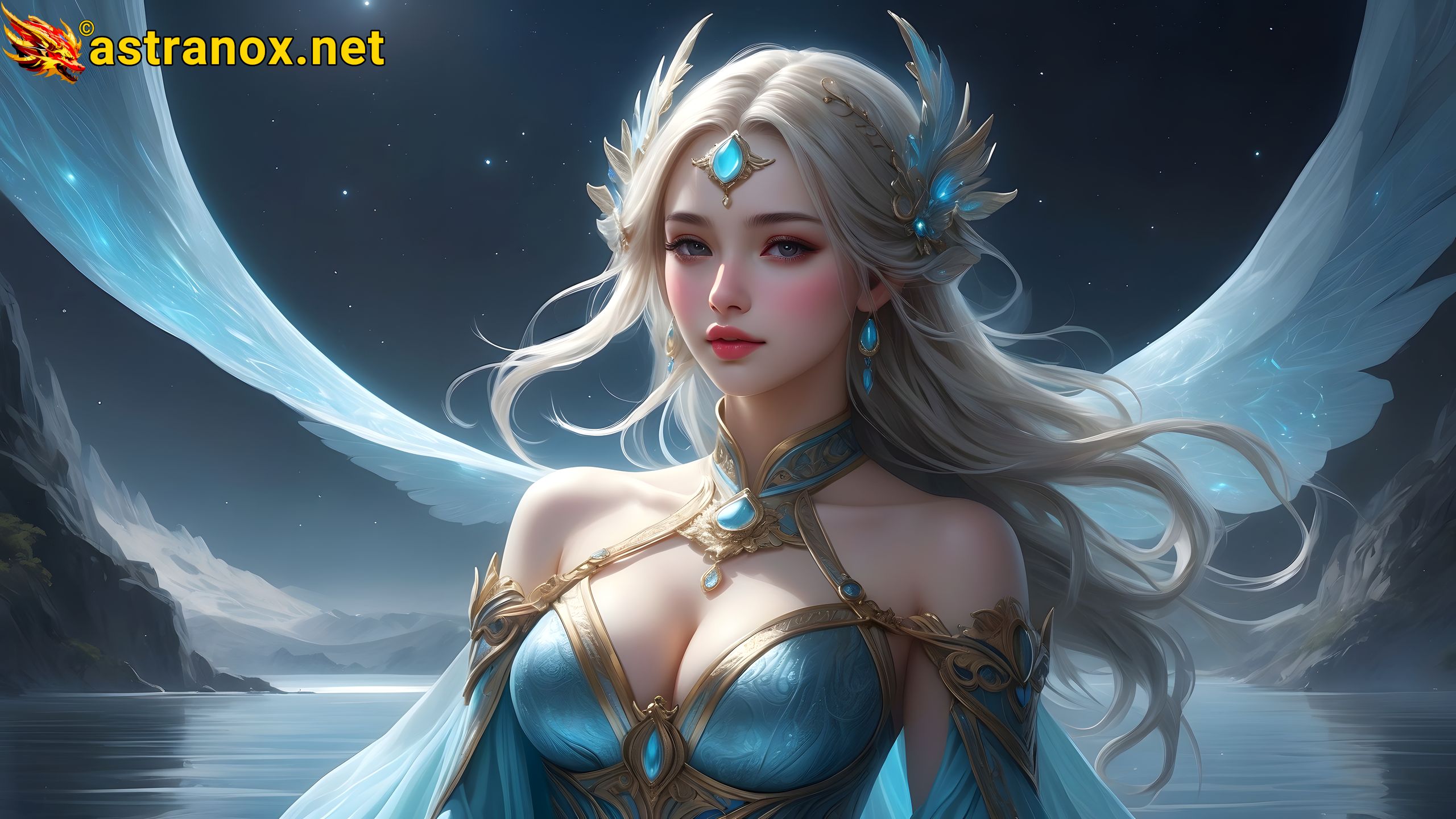 Celestial Reflections: Stunning female cleric kneels by the shimmering lake in this enchanting 4K wallpaper. Astranox