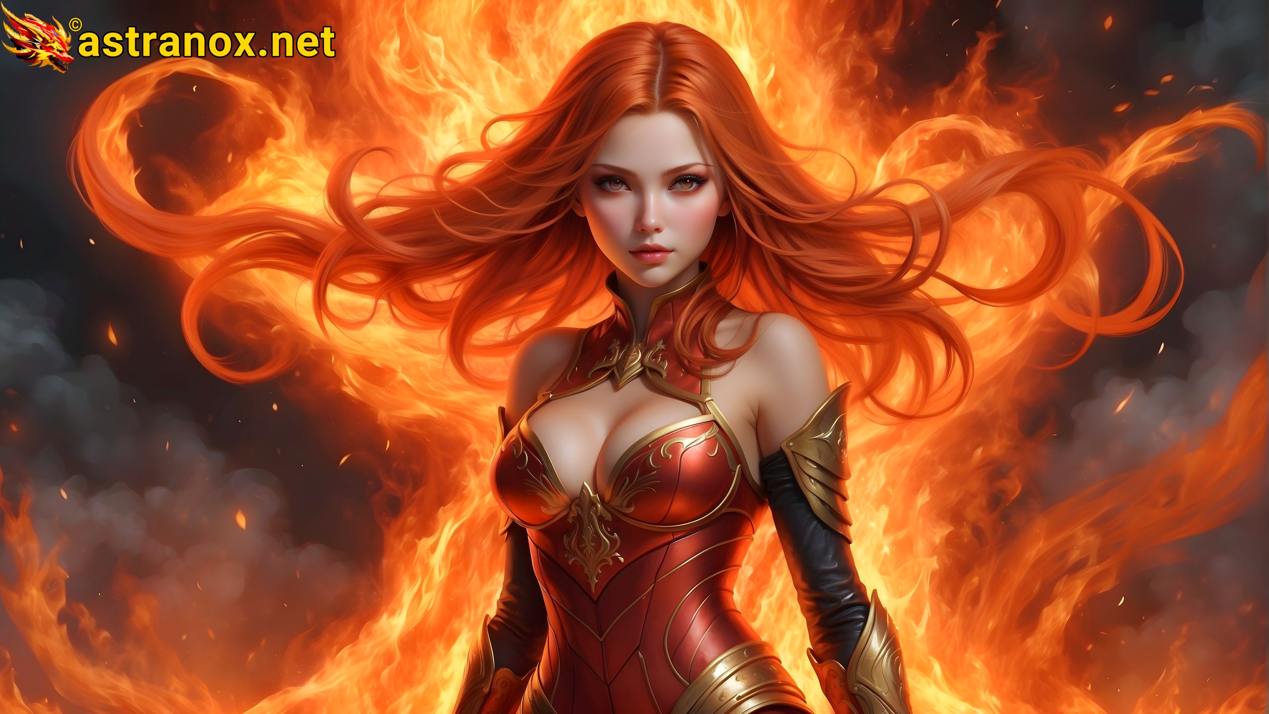 A captivating 4K wallpaper featuring a fire maiden amidst the fiery beauty of the Crimson Citadel of Infernus. Astranox