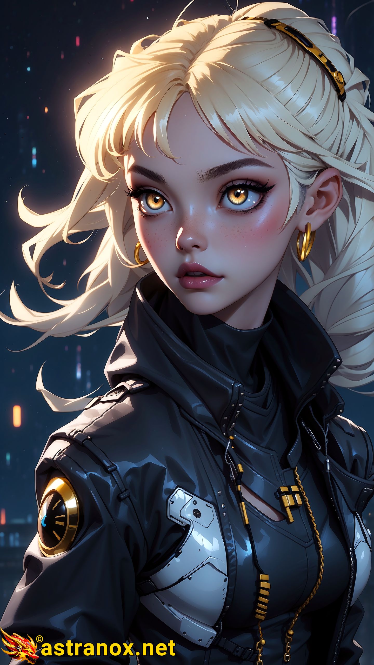 Female Galactic Racer 4K wallpaper: Anime beauty with blonde hair and piercing gold eyes stands out against the backdrop of a rain-soaked, urban landscape lit by neon lights. Showcasing her advanced cybernetic enhancements in a sleek and stylish manner. Perfect balance between sophistication and danger. Astranox