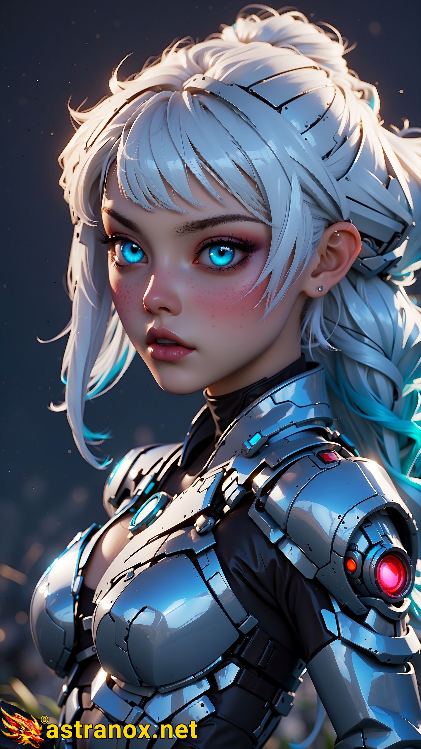 A female Cyborg Druid in a wasteland of tech and cyber parts. Sophisticated, alluring, advanced; she commands nature's forces and isn't weak. Futuristic fashion blends tech and fabrics with neon lights highlighting curves. Beware her beauty - few dare cross her. Astranox