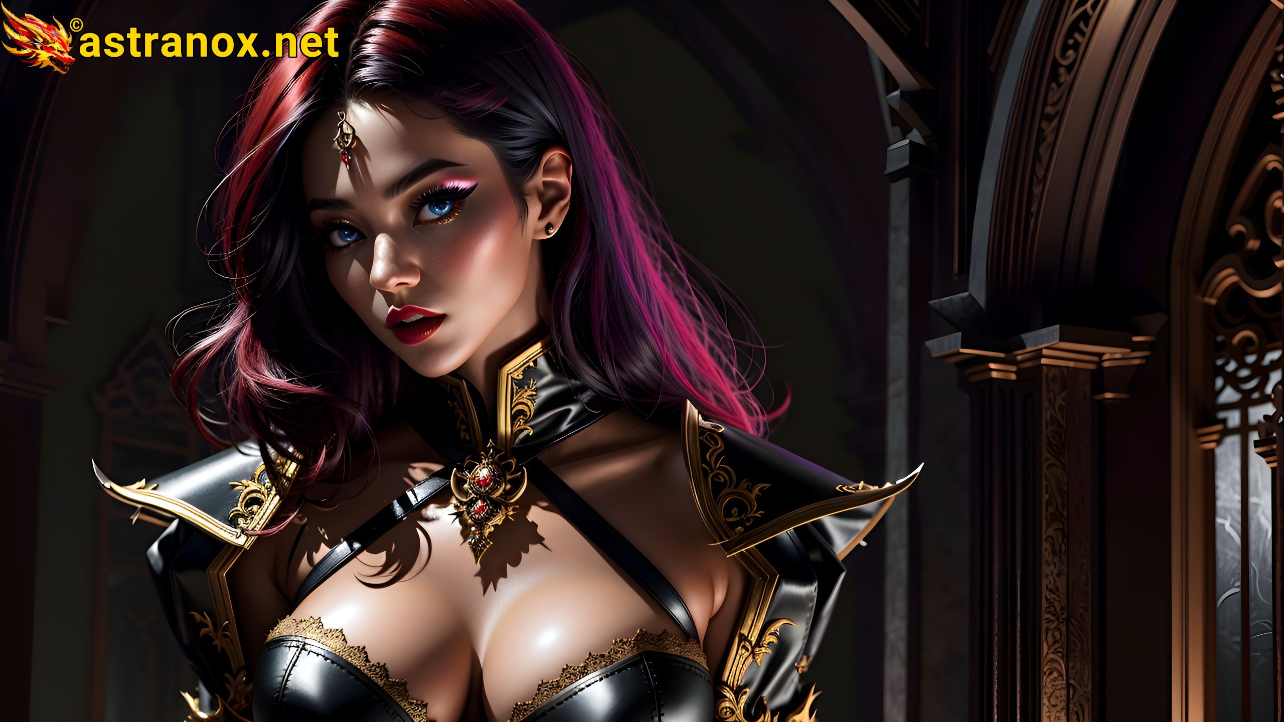 Powerful female warlock with blue eyes and multiple-colored hair stands as the embodiment of magic in the backdrop of a majestic castle - 4K fantasy wallpaper capturing the essence of enchantment and mystique Astranox