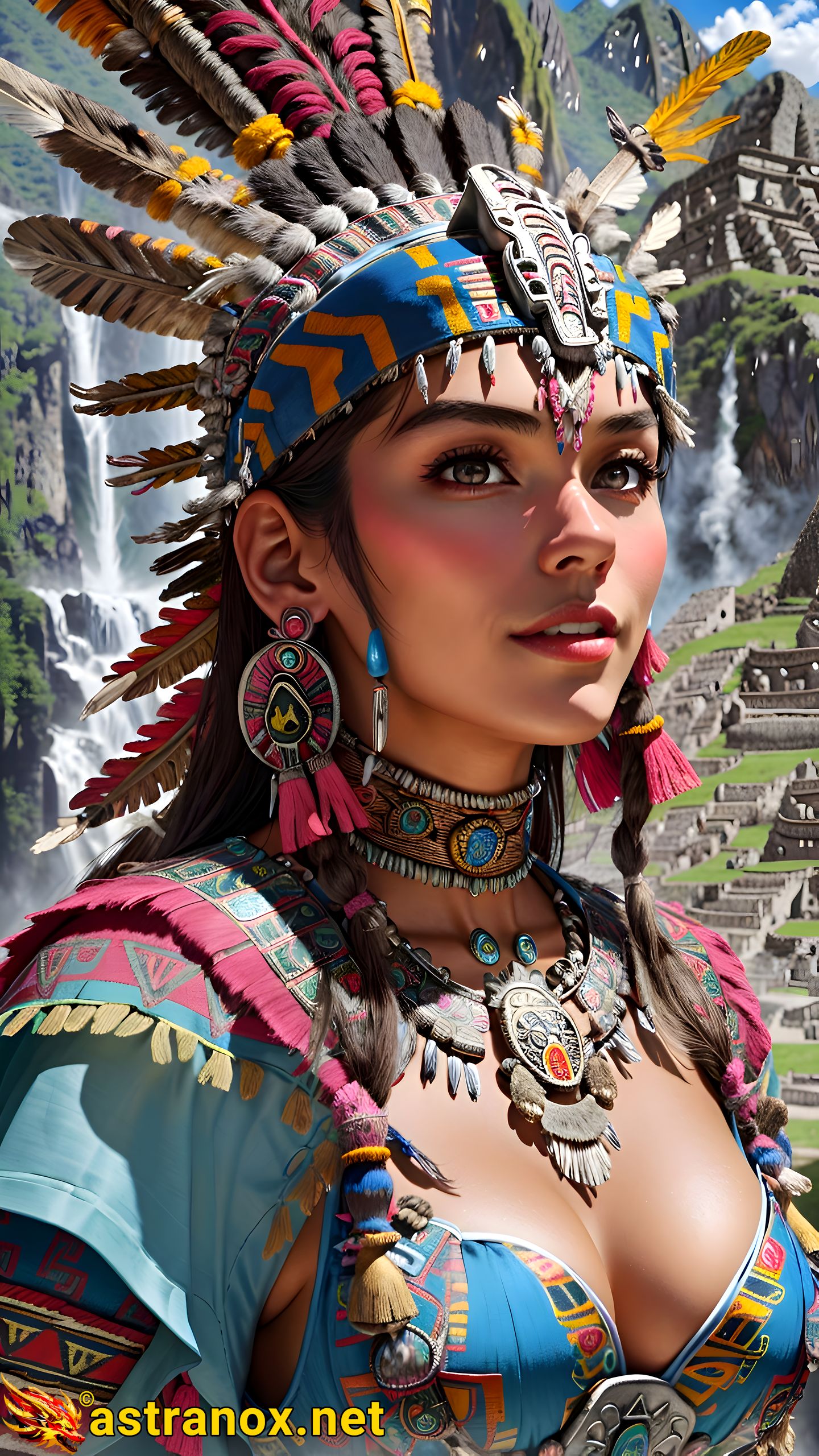 Mystical portrait of a female Shaman with captivating grey eyes and straight black hair against the majestic mountains in the daytime - 4K fantasy portrait, an invitation to embark on a journey into the mystical and enchanted Astranox