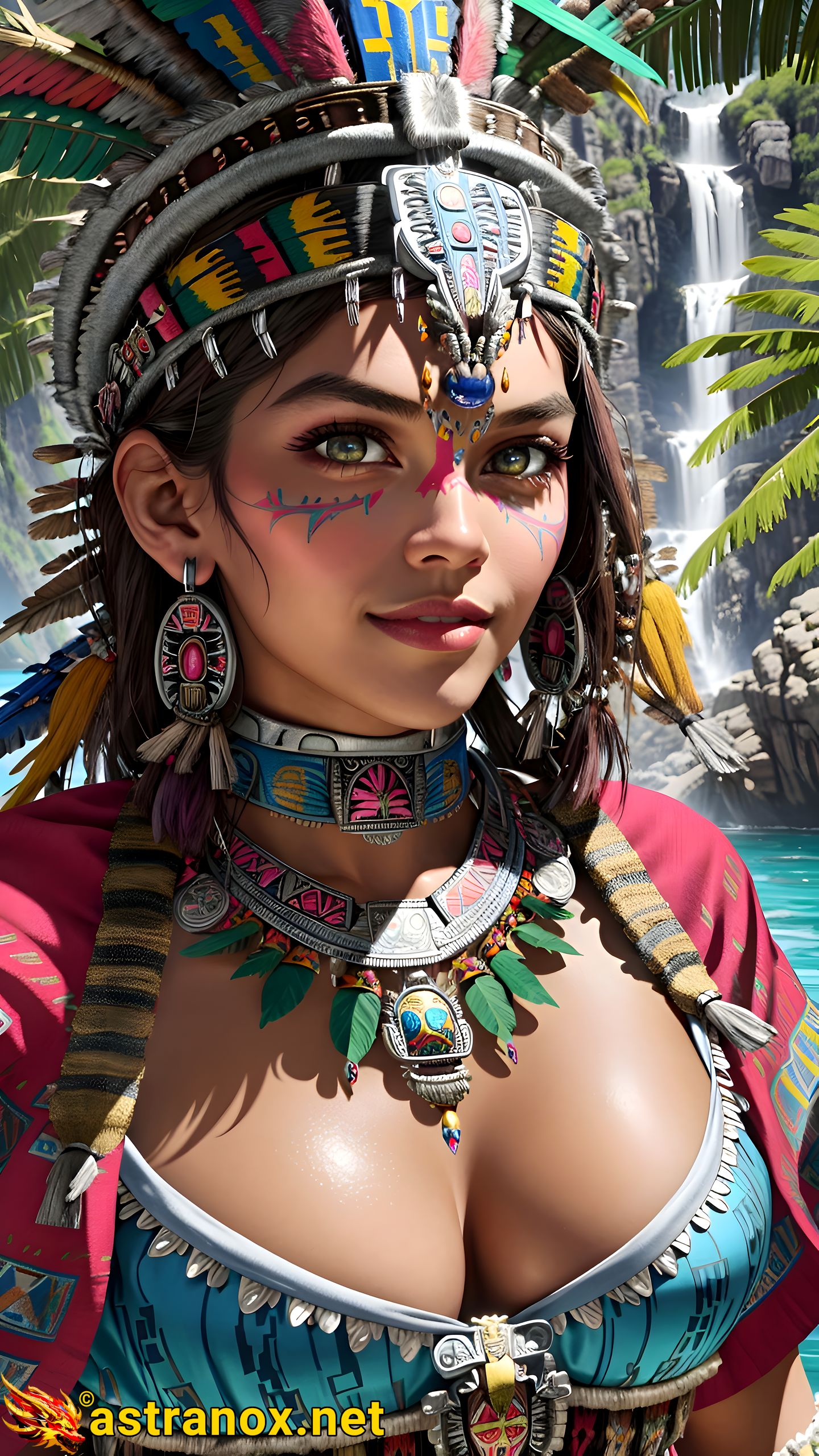 Mystical portrait of a female Shaman with captivating green eyes and straight black hair by a mesmerizing waterfall in the daytime - 4K fantasy portrait, an invitation to journey into ancient realms Astranox