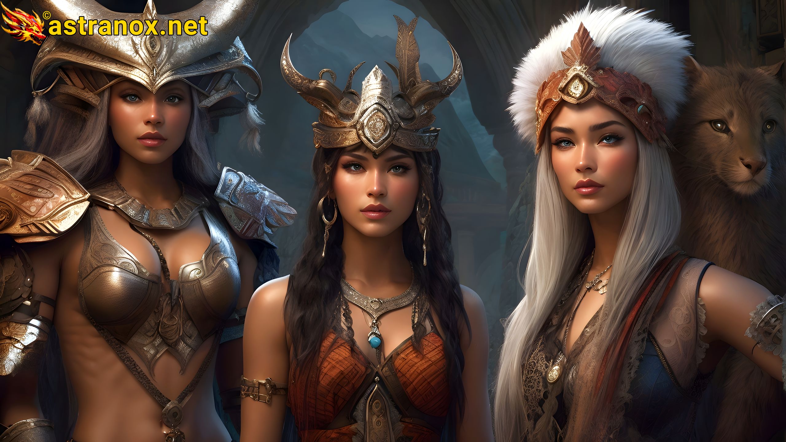 Mystical Trio - Platinum-Haired Witch, Abstract Shaman, and Silver-Armored Warrior in Fantasy 4K Wallpaper Astranox