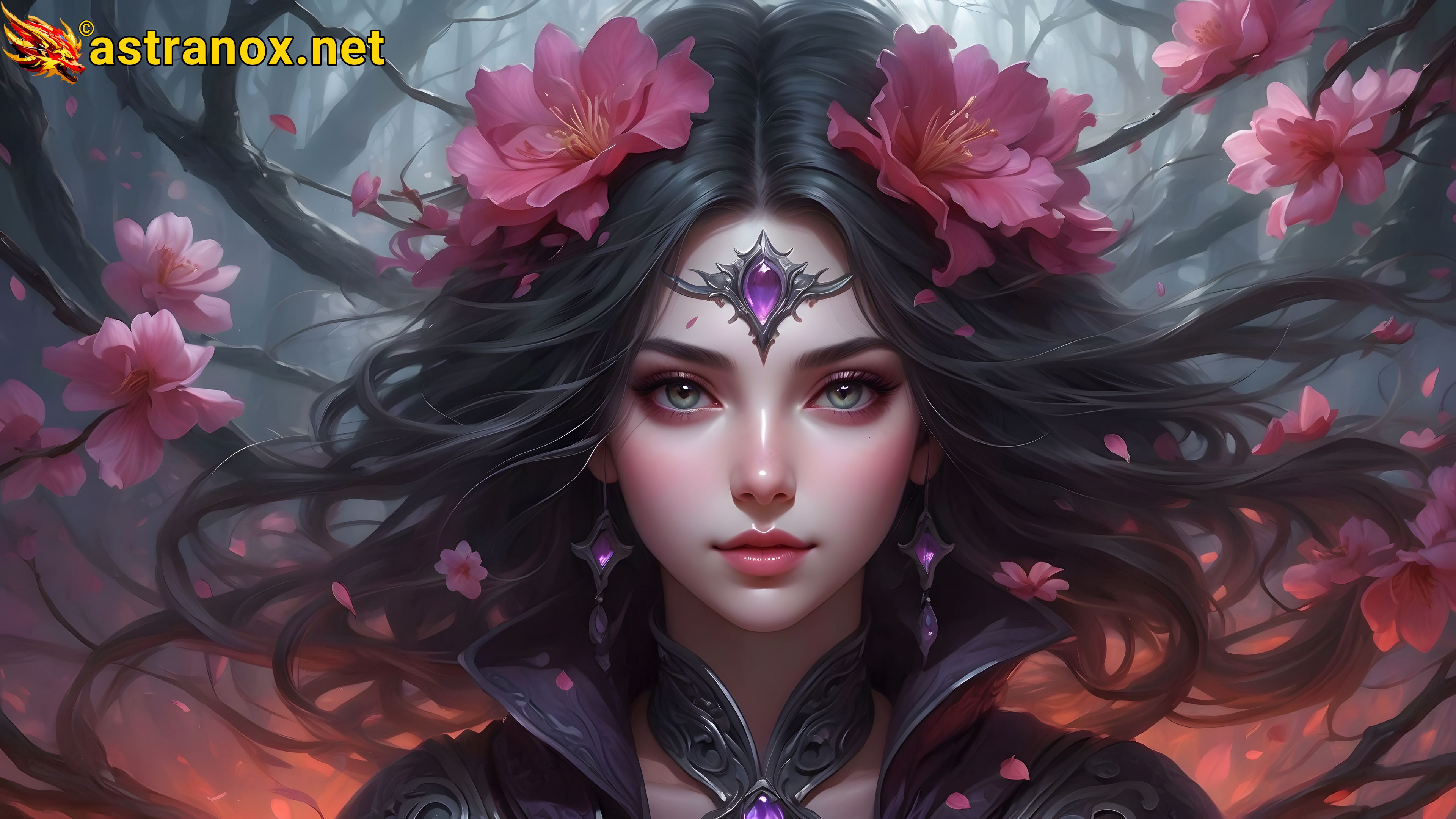 4K Wallpaper: Female sorceress weaves dark magic amidst cherry blossoms in Abyssal Bloom Valley. Astranox