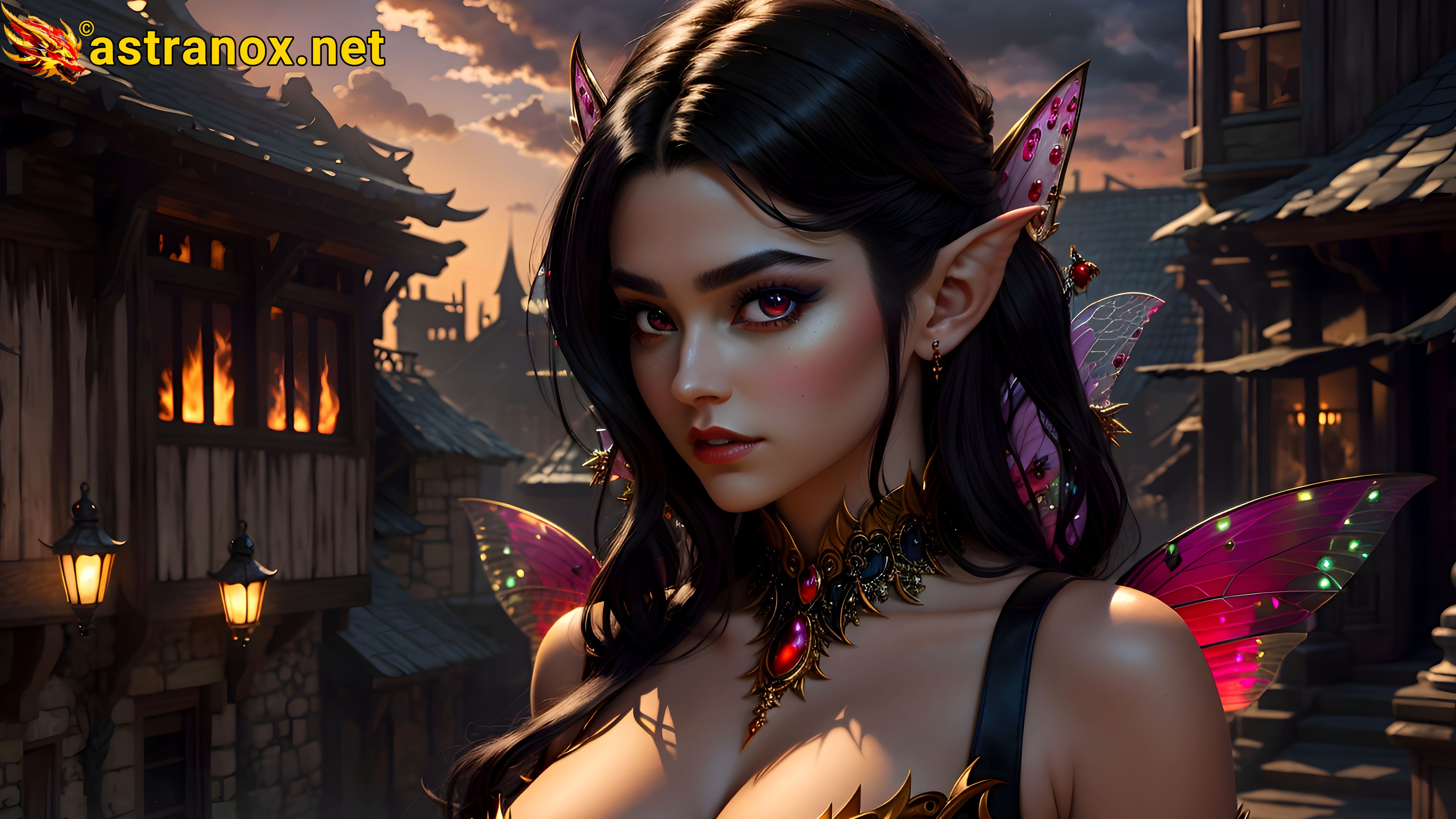 Captivating female elf warlock in urban fantasy setting at sunset - 4K wallpaper capturing her allure and power Astranox