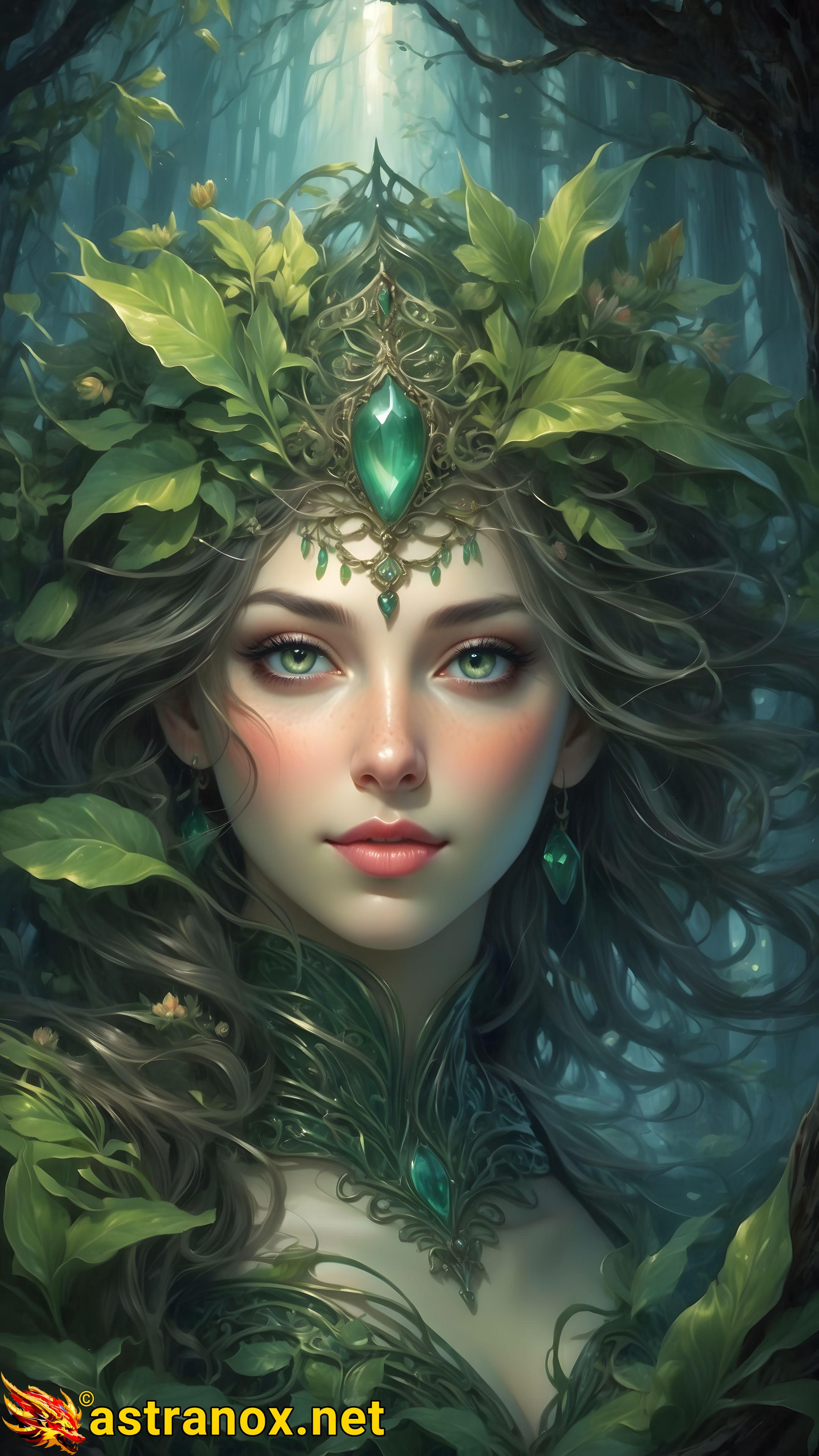 A female druid adorned with vines and greenery, communing with nature in a mystical forest in this 4K wallpaper. Astranox