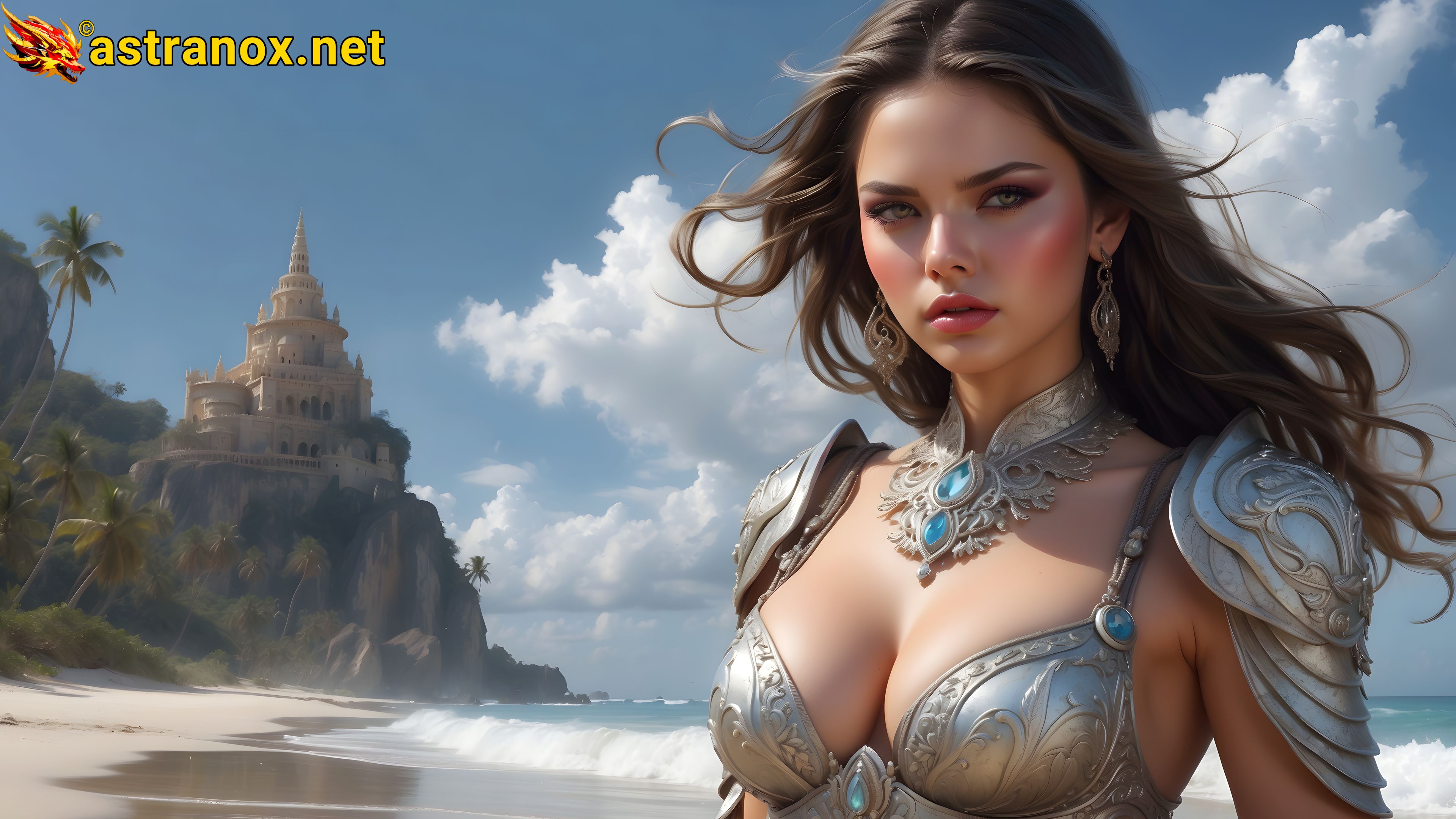 Divine paladin in ornate obsidian armor, kneeling in prayer on a moonlit beach in this 4K fantasy wallpaper. Astranox