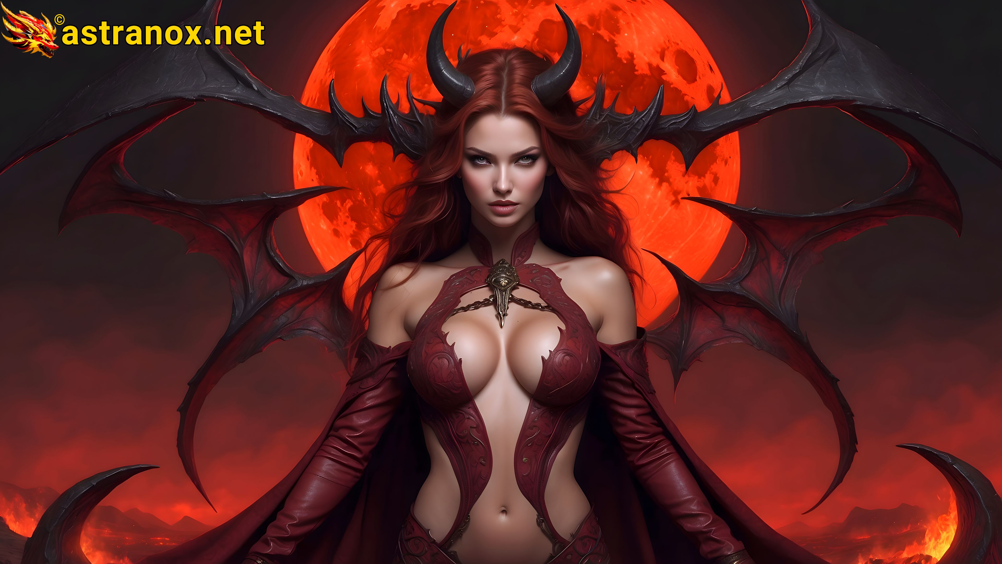 Blood moon demonologist with long crimson hair performs infernal rituals at demonic crossroads in this 4K wallpaper. Astranox