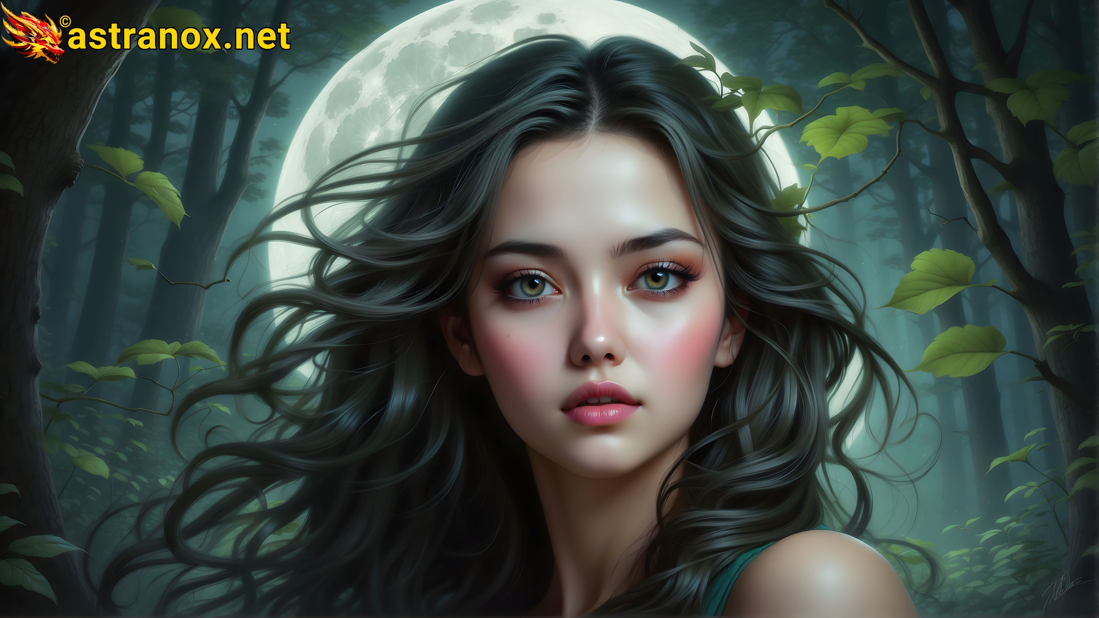 In this 4K wallpaper, a forest-haired enchantress communing with ancient spirits in the moonlit glow of a forbidden grove. Astranox