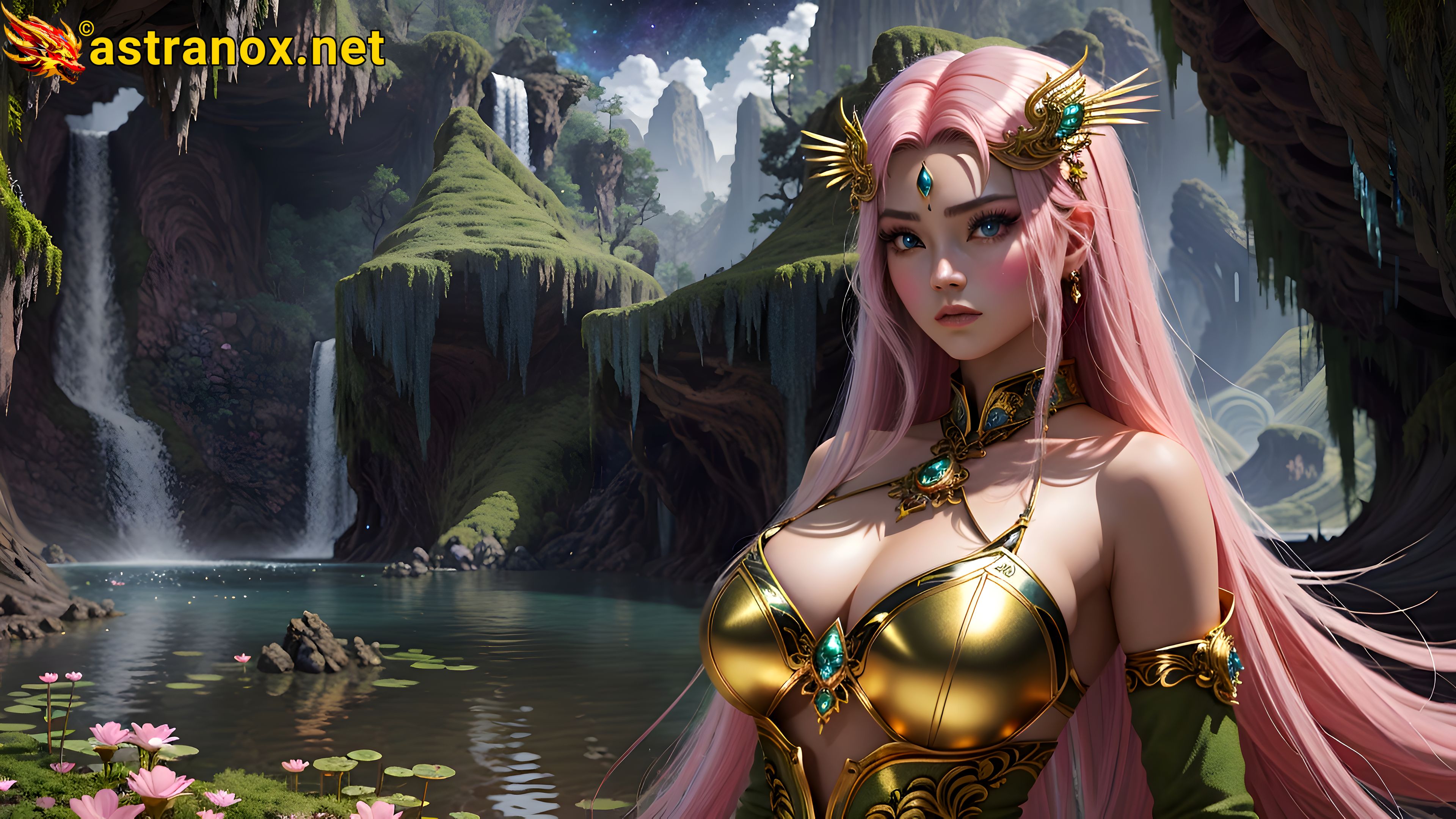 Sorceress with striking blue eyes and pink hair by a tranquil pond in Asia at dusk - 4K fantasy wallpaper capturing the essence of enchantment Astranox