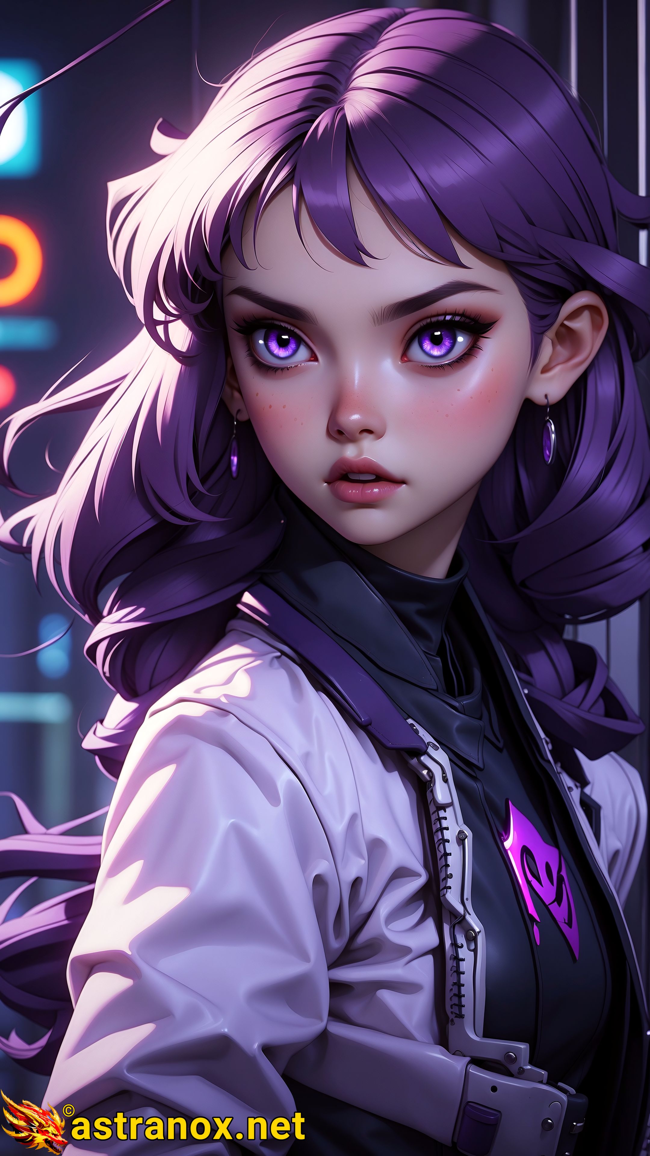 Wallpaper of a necromancer with purple hair and piercing purple eyes stands tall in Neon District. Her cybernetic enhancements blend seamlessly with her futuristic fashion. Astranox