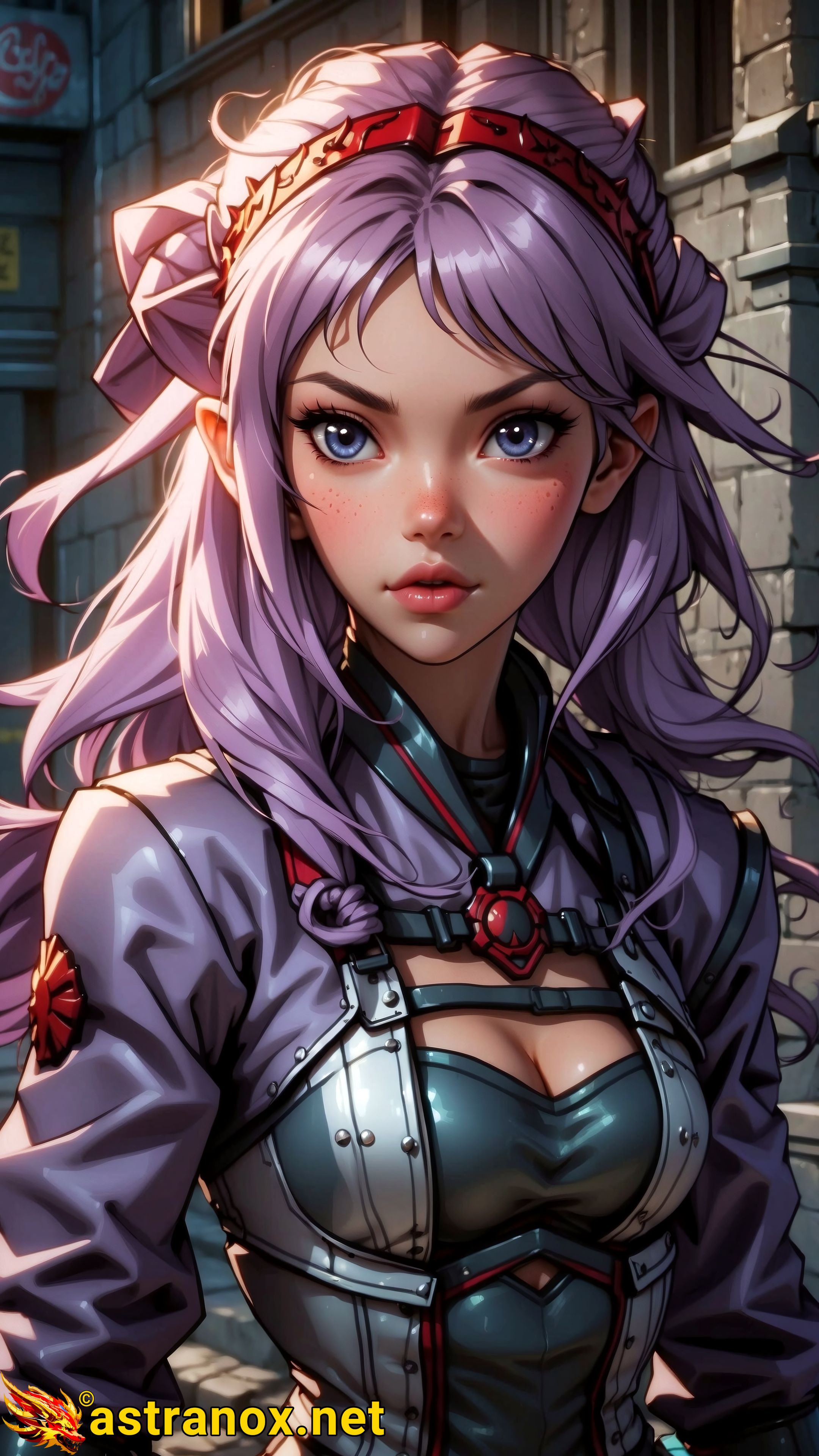 Cleric with purple hair and blue eyes navigates the Underground Network, a place for rebels to evade authorities. In vibrant outfit, she's confident and strong; magic is key in her fight against enemies. A world of conflict, betrayal, shadows, & despair but hope for redemption. Astranox