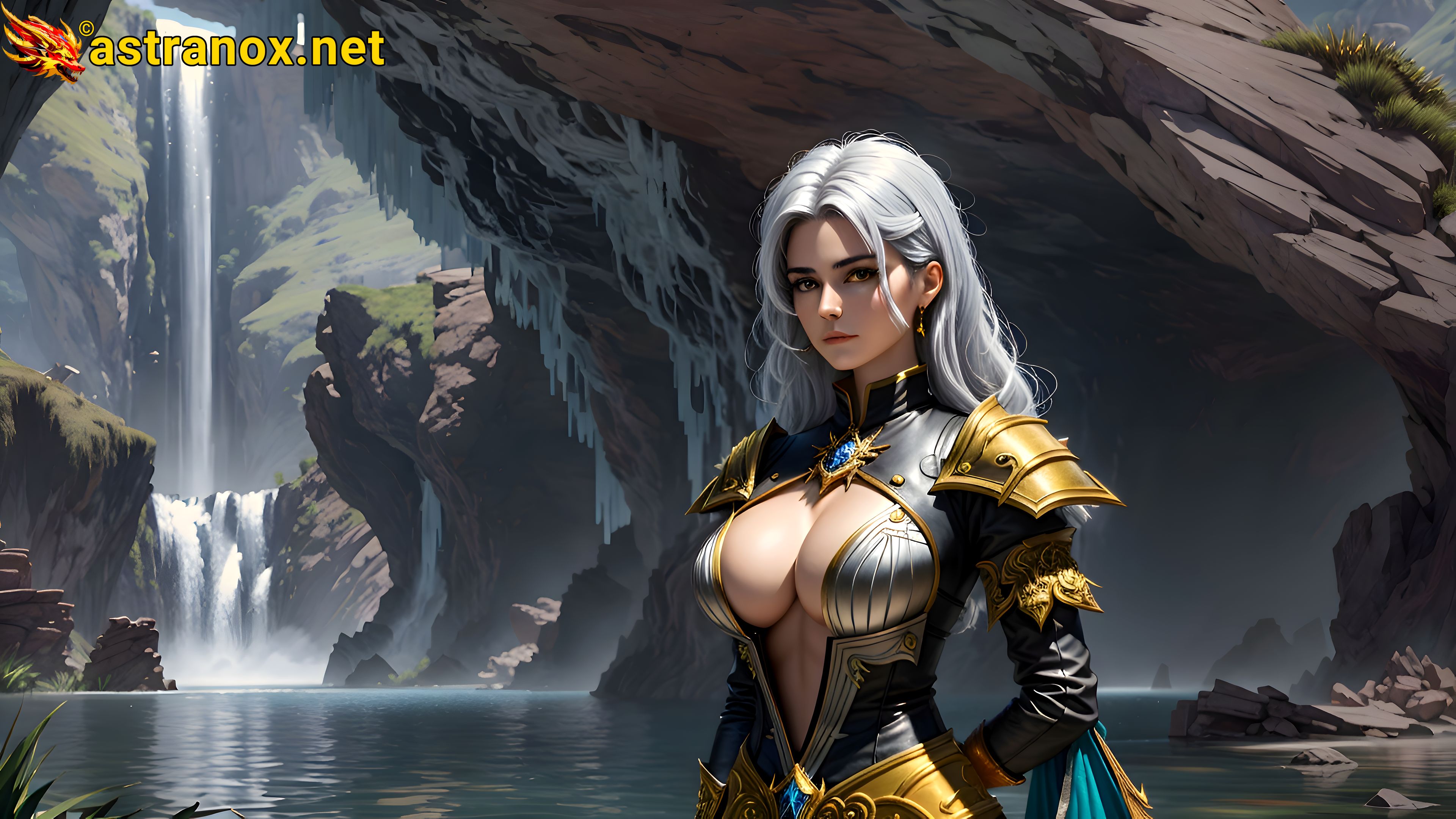 Powerful warlock with grey eyes and silver hair by the lakeside in the gentle light of daytime - 4K fantasy wallpaper capturing the essence of magic Astranox