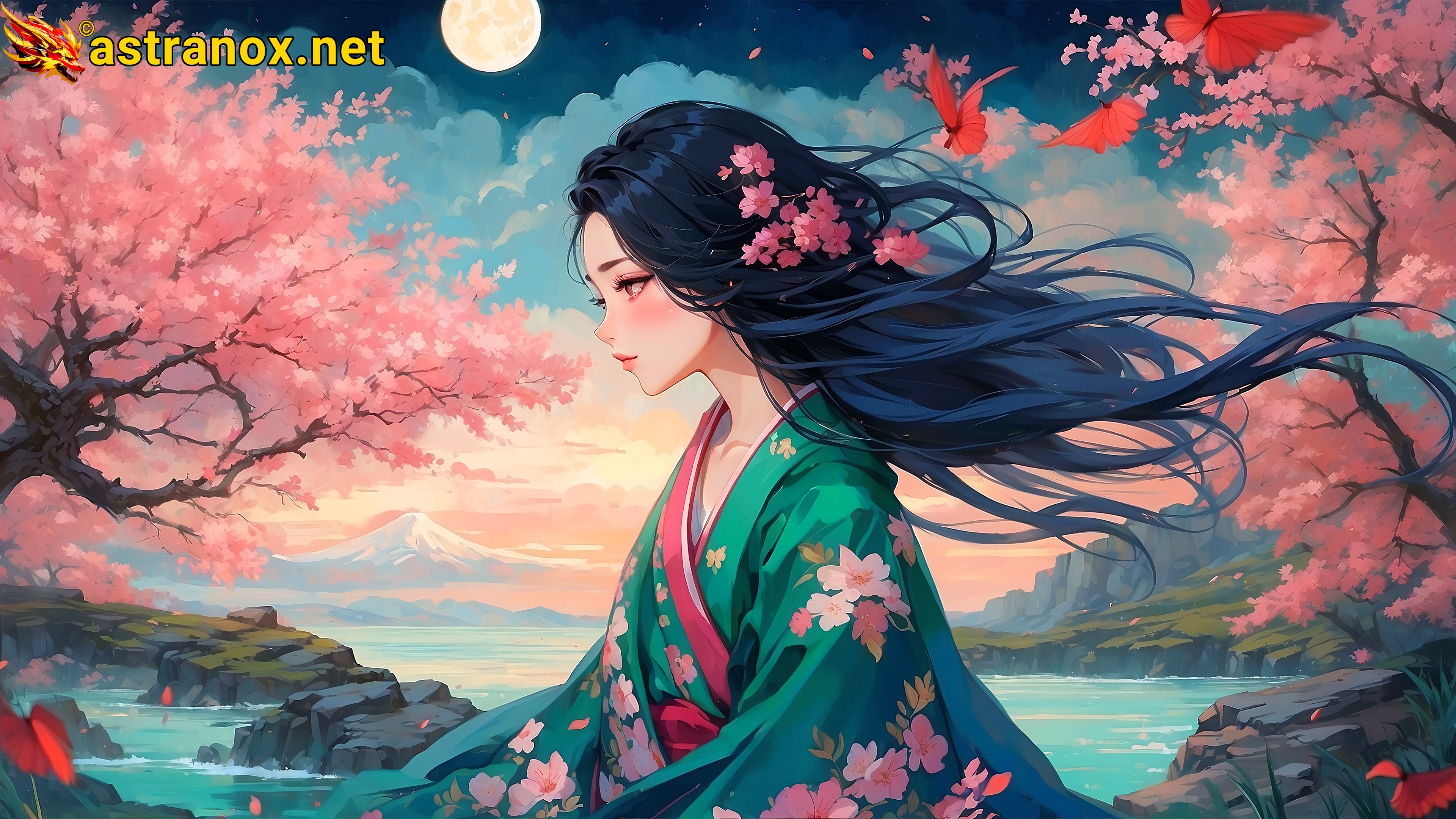 A captivating 4K wallpaper depicting a breathtakingly beautiful celestial muse with raven hair and midnight ocean tips, clad in an anime-inspired kimono embroidered with celestial creatures, standing before the Celestial Library, a fantastical realm where cosmic wisdom and mysteries await in visually rich atmospheric detail. Astranox