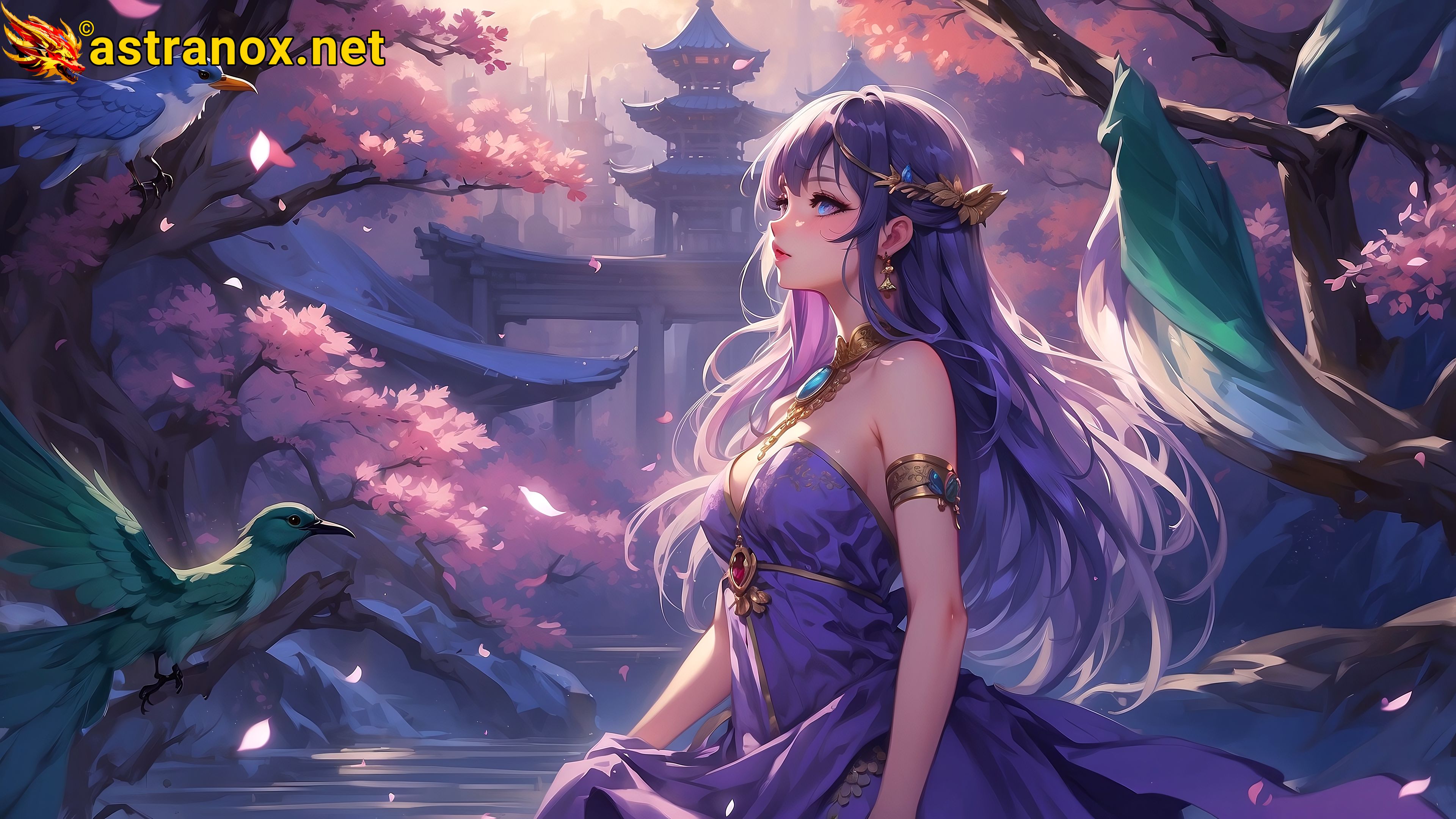 A captivating 4K wallpaper depicting a stunningly beautiful enchantress with origins in Scandinavia, Japan, and Egypt, clad in a manga-inspired dress of ethereal lilac and royal blue with glittering gemstones, standing amidst the shadowy Darknet Alley where hackers and data dealers trade illegal information. Astranox