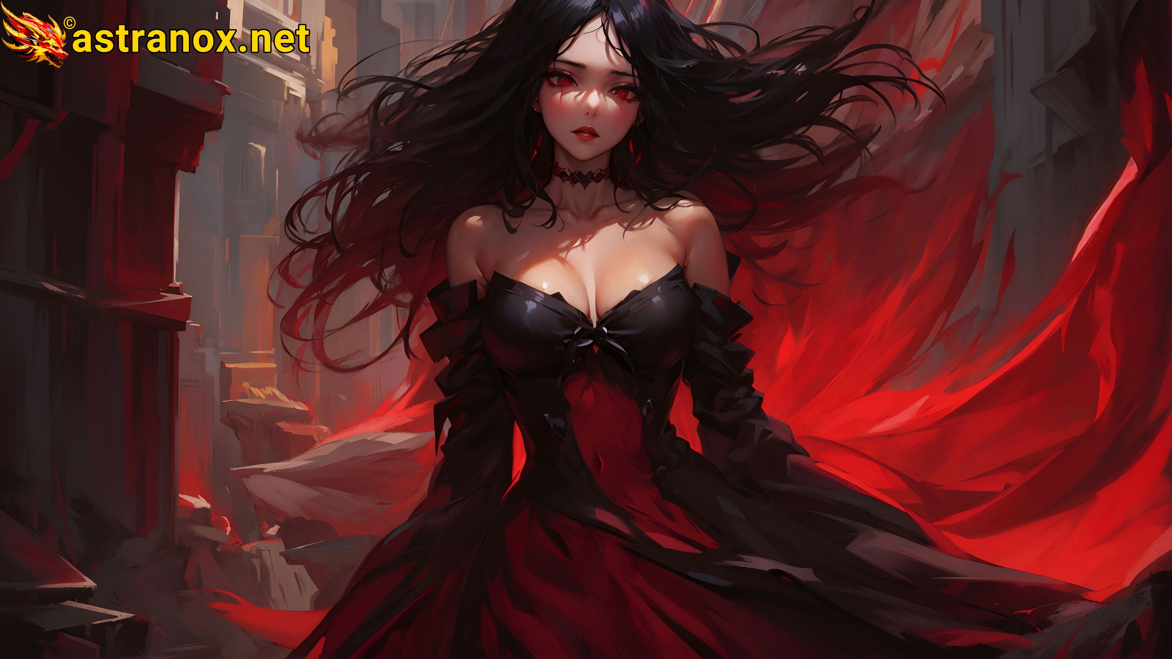 A mesmerizing 4K wallpaper depicting a stunningly beautiful blood priestess with glowing crimson eyes, of Spanish, Ethiopian, and Filipino origins, clad in revealing black garb, standing within The Gorgemire, a bottomless underworld chasm teeming with foul ooze, congealed viscera, and unholy abominations swimming in the depths. Astranox