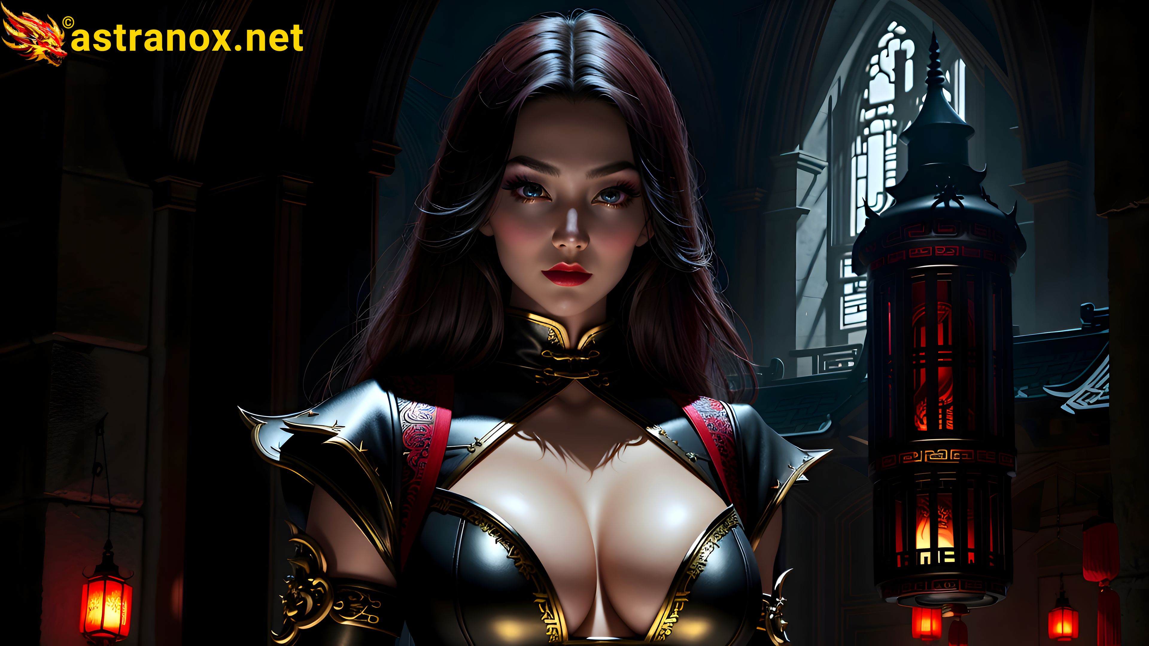 Powerful female warlock with blue eyes and burgundy hair stands tall in the mystical ambiance of an urban fantasy castle - 4K fantasy wallpaper filled with enchantment and magic Astranox