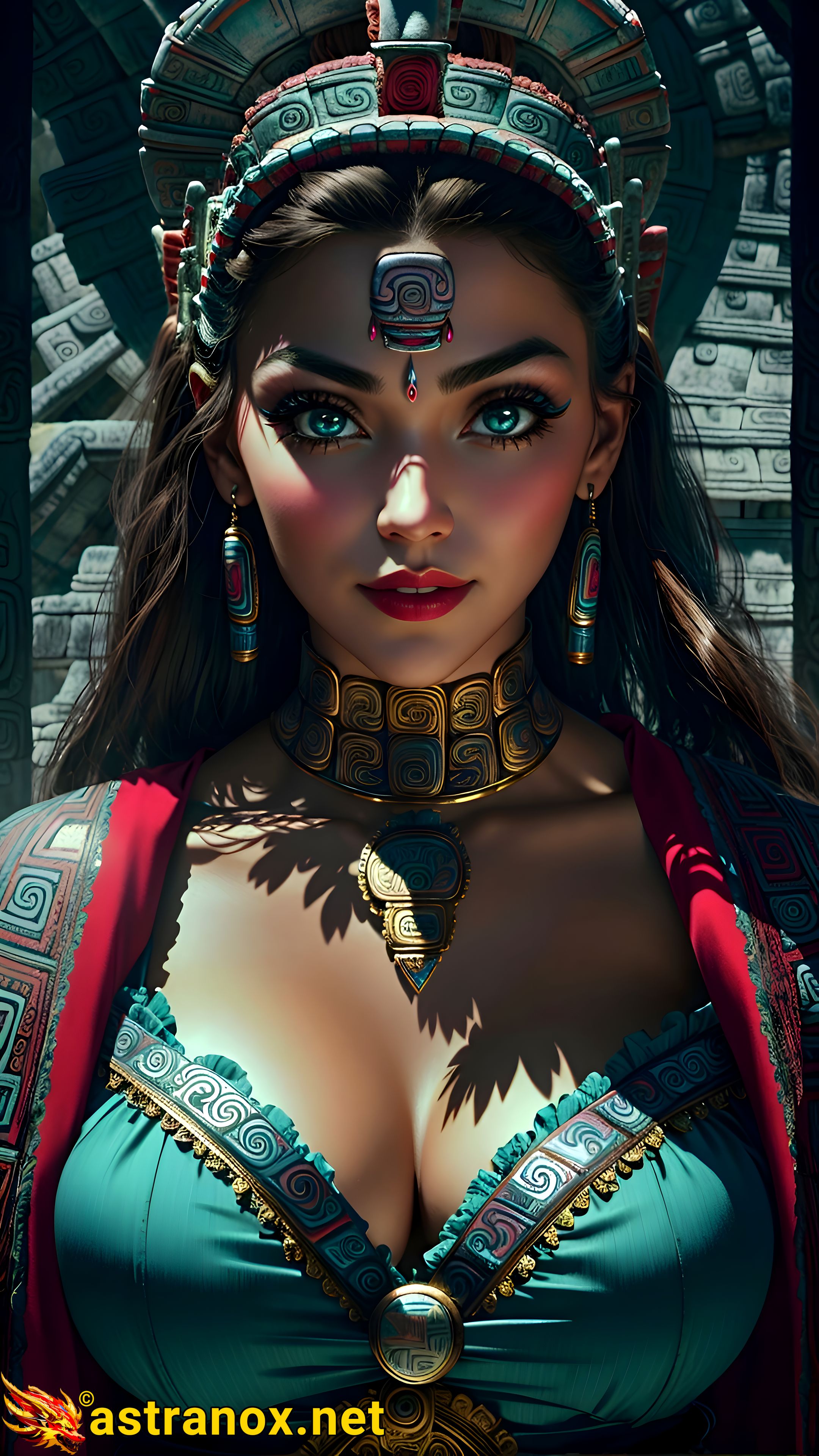 Captivating portrait of a female cleric with striking green eyes and beautiful brown beach waves, set in an urban temple - 4K fantasy portrait, a world of enchantment Astranox