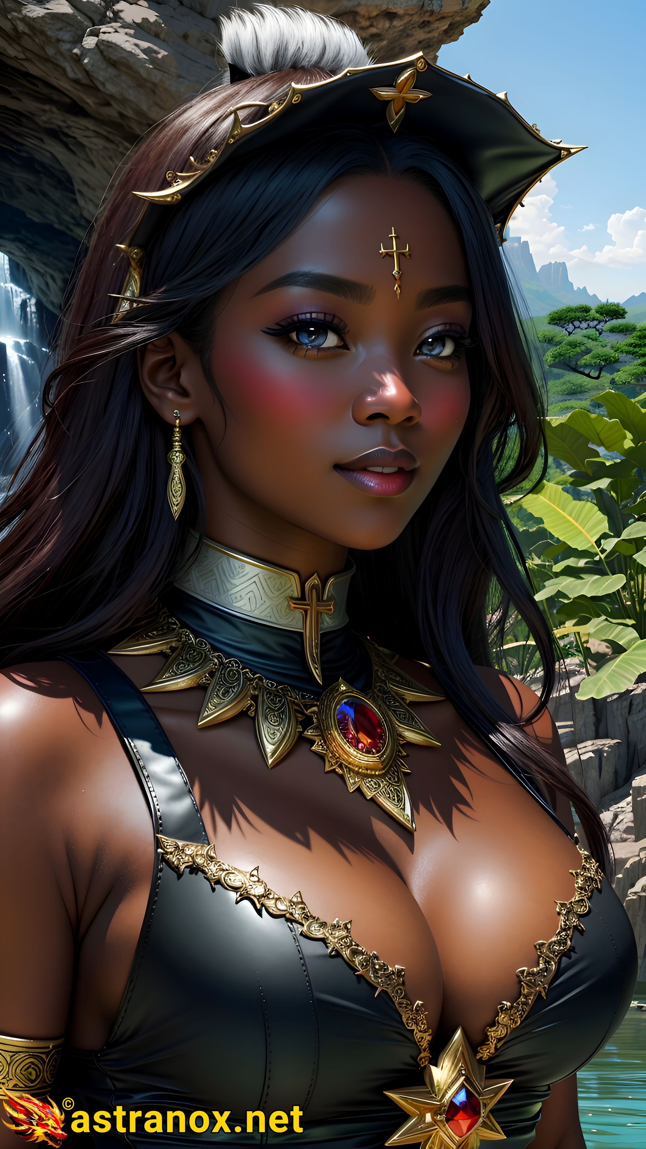 Enchanting portrait of a female Priest with blue eyes and straight black hair in an African-inspired jungle - 4K fantasy portrait, an invitation to explore the world of magic and wonder Astranox