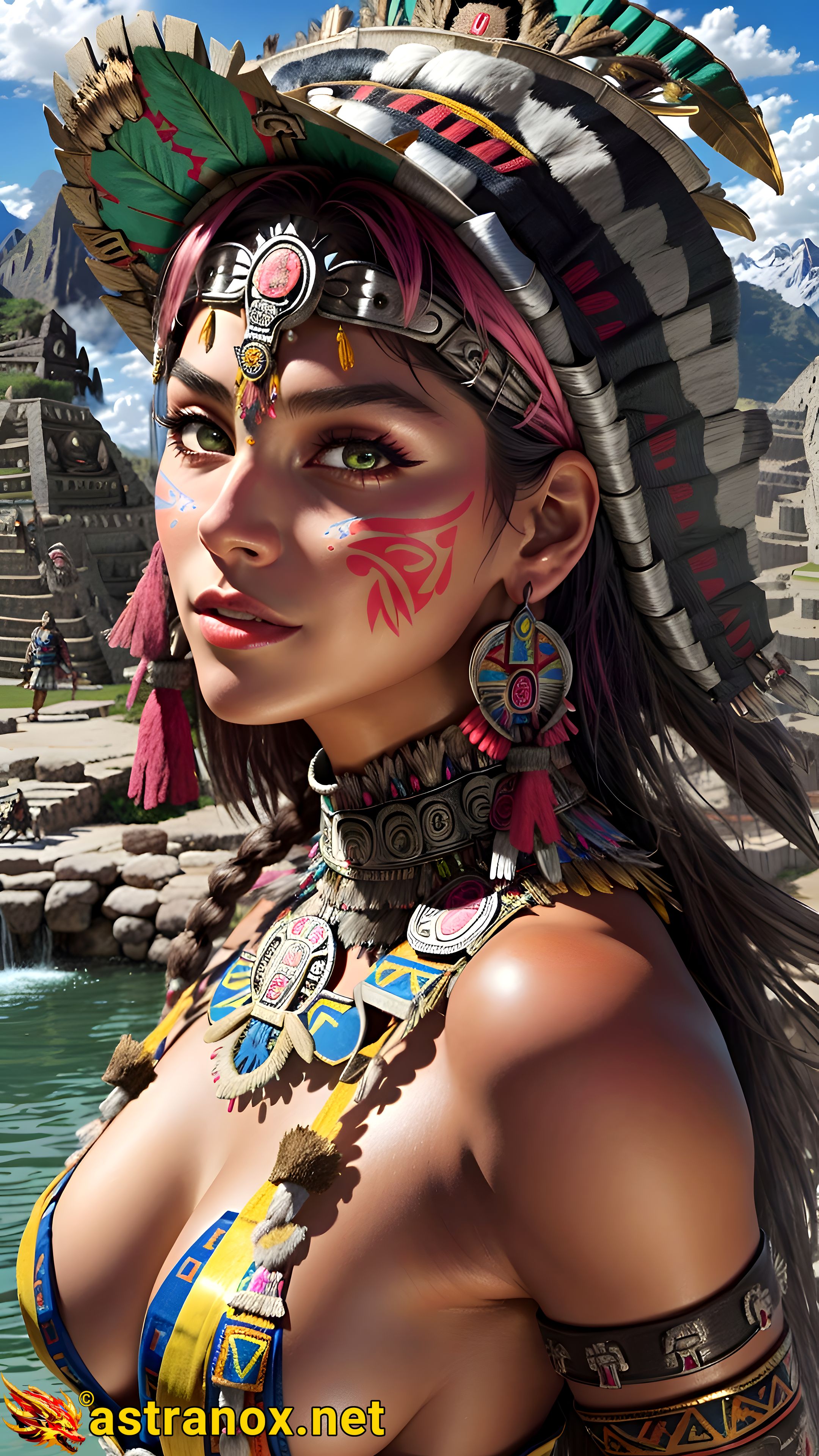 Mysterious portrait of a female Shaman with captivating green eyes and straight black hair among ancient ruins in the daytime - 4K fantasy portrait, an invitation to discover the enchantment and embrace wisdom Astranox