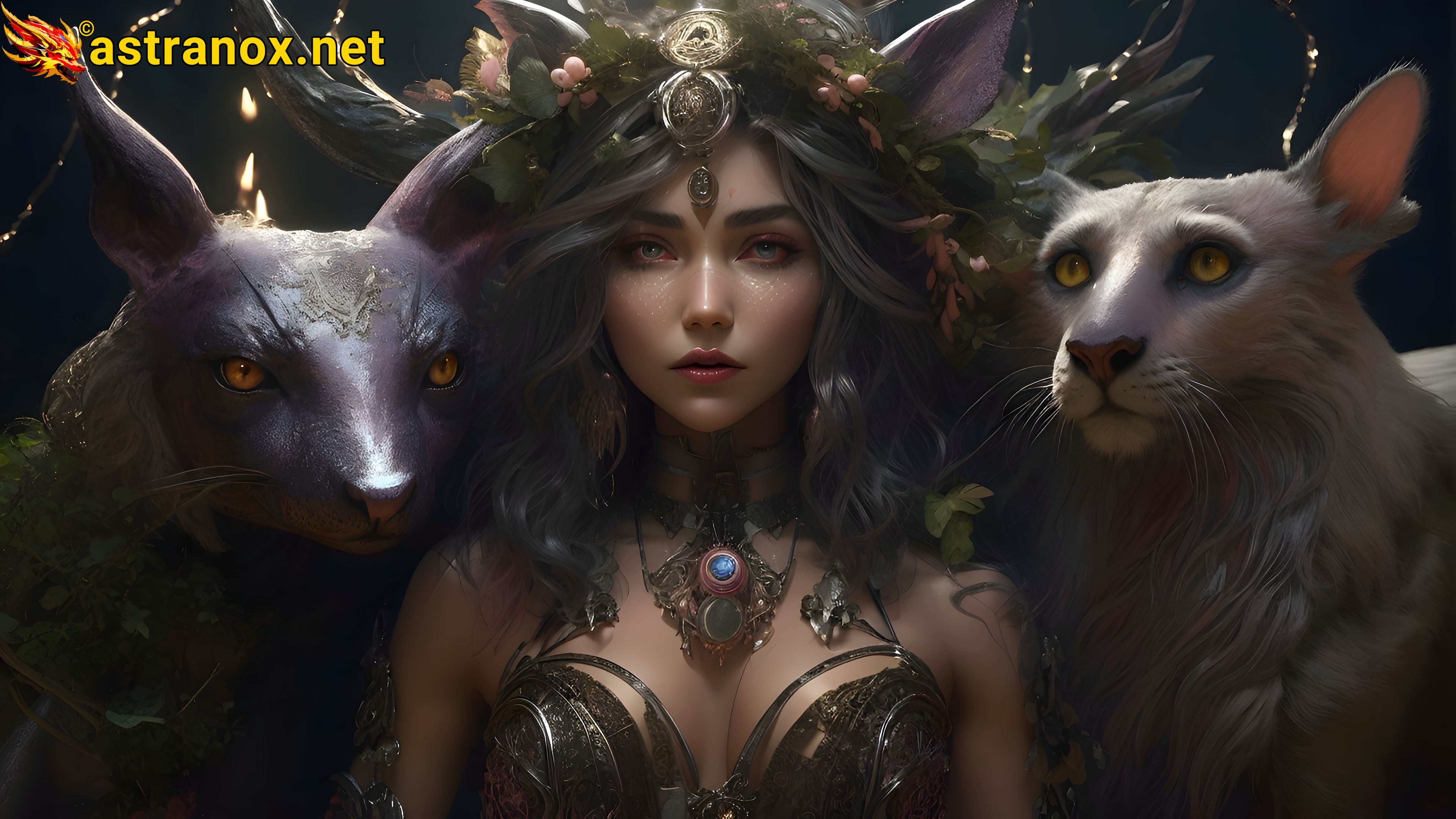 Mysterious portrait of a female Druid with striking grey eyes and flowing beach wave grey hair in a captivating landscape. Explore a world of fantasy, mystery, and enchantment with this 4K fantasy portrait Astranox