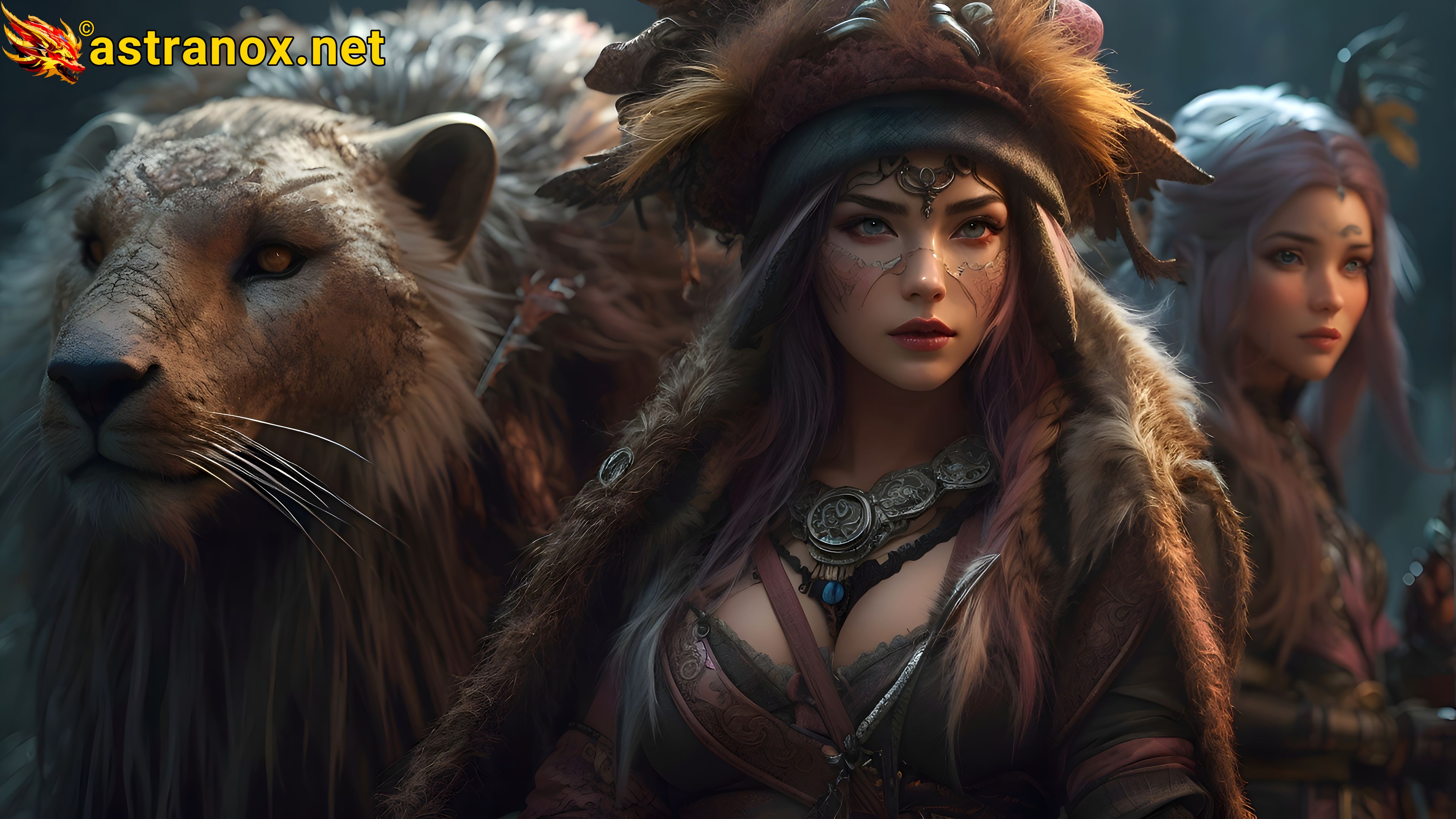 Fantasy Female Hunter in Protective Attire with Lion Companion and Silver Sorceress - Magical Adventure Wallpaper 4K Astranox