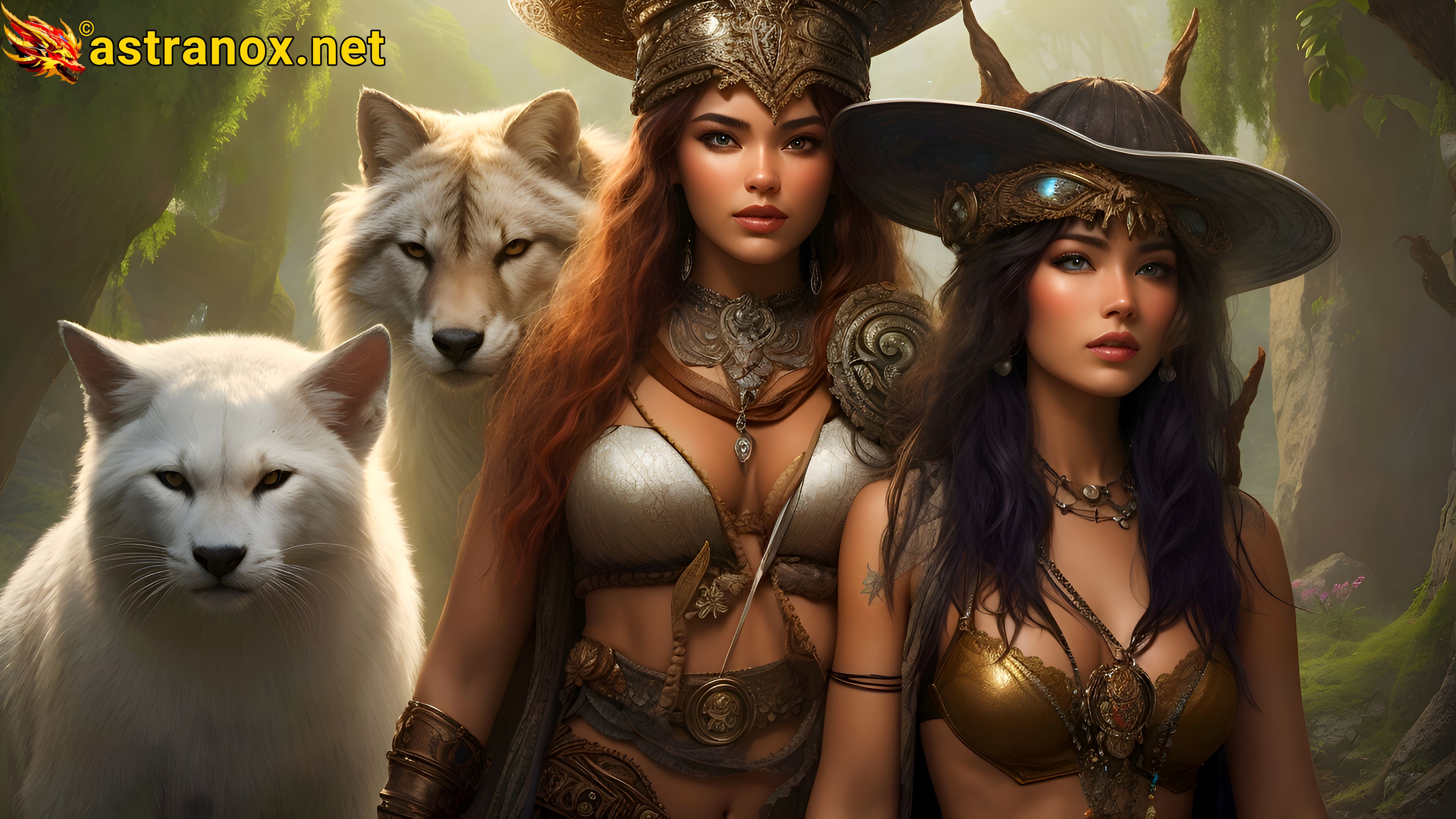 Female Mage and Hunter Ally with white wild cat and wolf - 4K Wallpaper Astranox