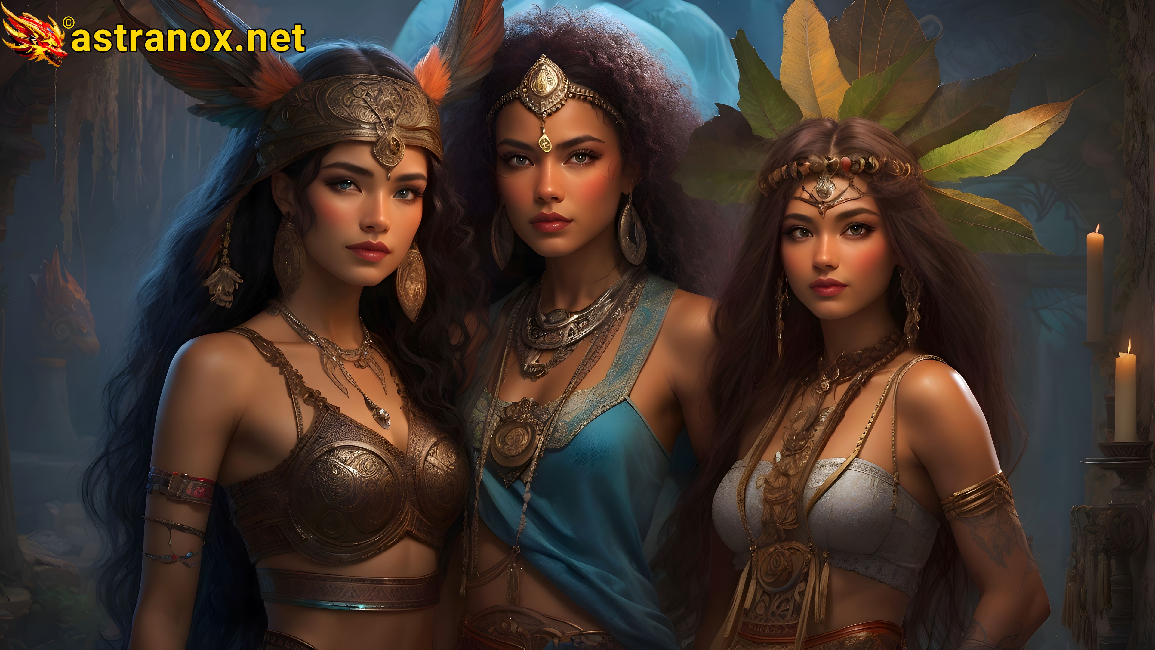 Captivating 4K wallpaper: Three enchanting witches, mystical cave, and a bond of supernatural allure and friendship Astranox