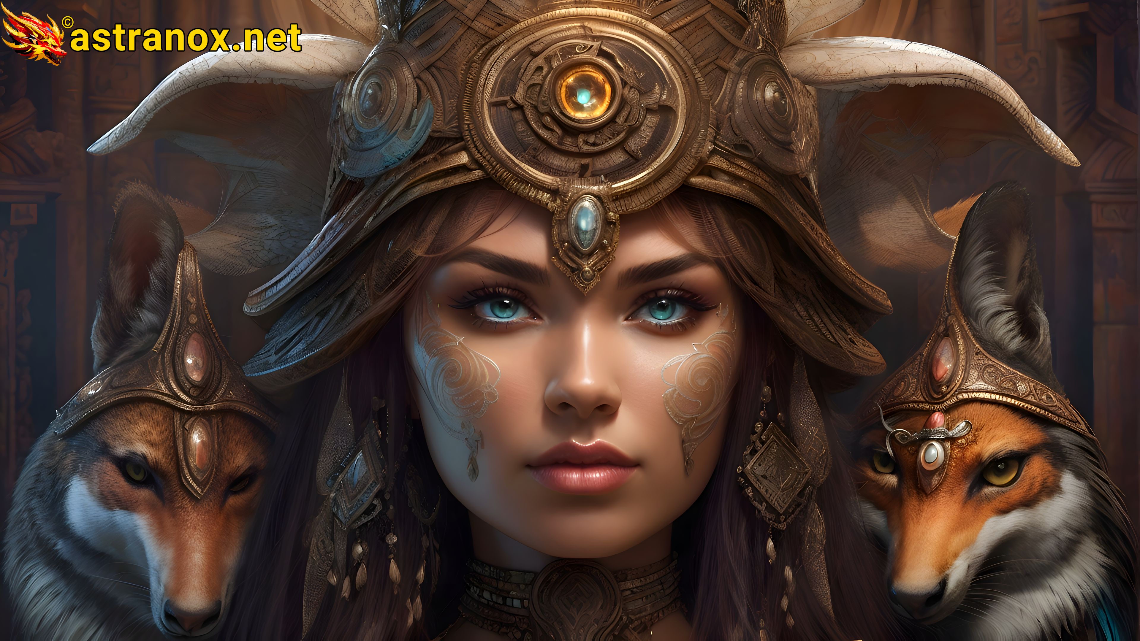 Enchanting 4K Wallpaper: Close-up of a legendary witch with a magical helmet and mystical fox-like creatures Astranox