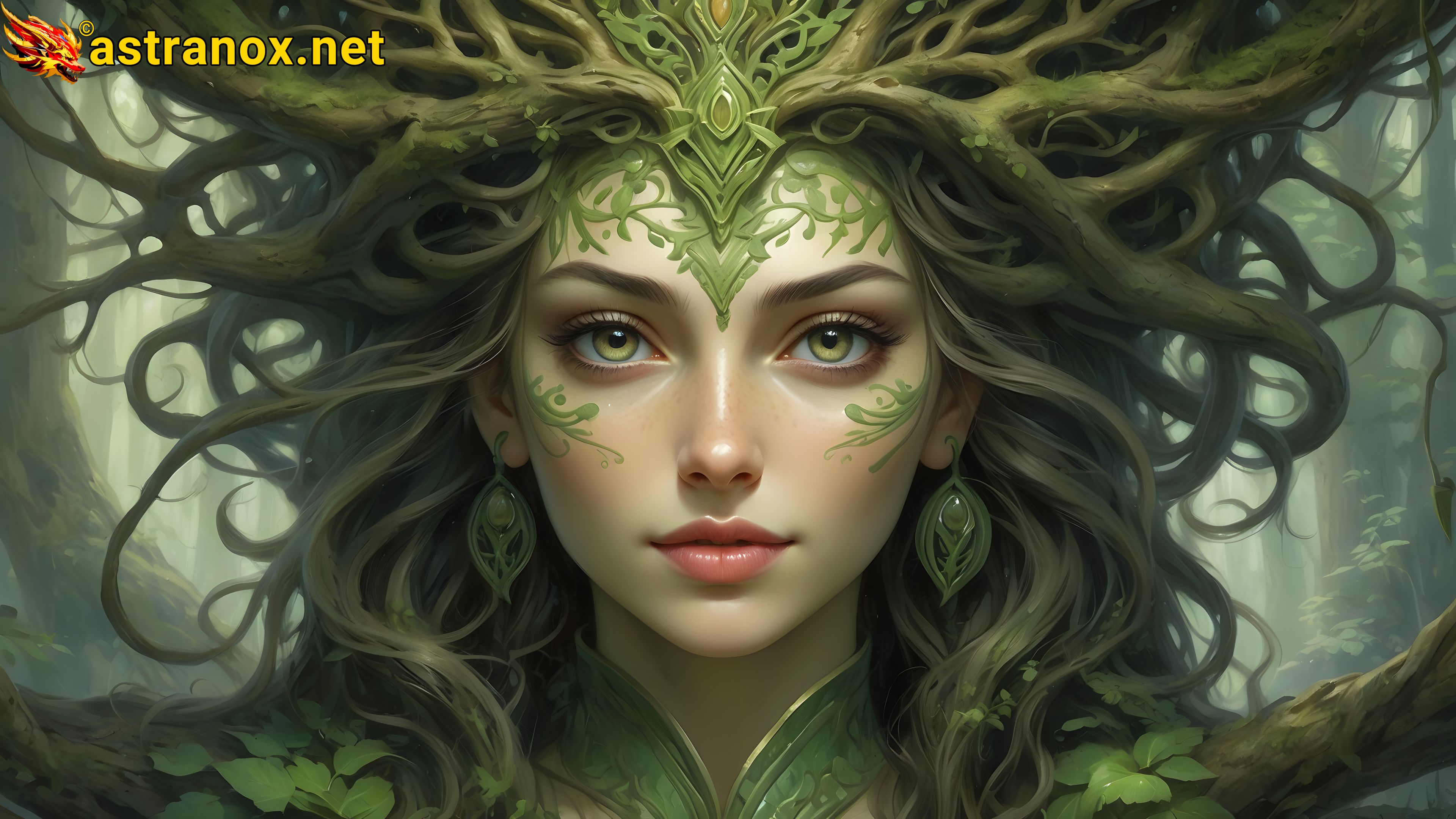 Twisted Thornwood Sanctuary: A captivating 4K wallpaper featuring a female shaman in the enchanted woodland. Astranox