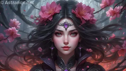 4K Wallpaper: Female sorceress weaves dark magic amidst cherry blossoms in Abyssal Bloom Valley.