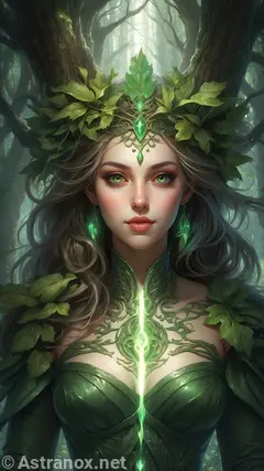 4K Wallpaper: Female druid adorned with vines and greenery, communing with nature in a mystical forest.