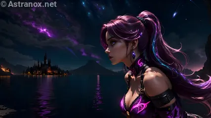 Enchanting female wizard with blue eyes and purple hair by the serene lake at dusk - 4K wallpaper capturing her mystique and magic