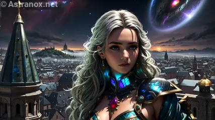 Powerful sorceress with blue eyes and curly silver hair in an urban fantasy landscape at sundown - 4K wallpaper blending magic and modernity