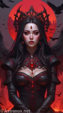 A necromancer queen raises the dead under a blood-red sky in this 4K wallpaper, a ghastly spectacle of unholy might.