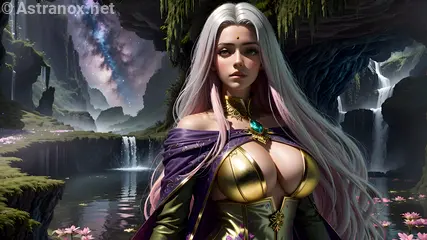 Captivating sorceress with heterochromia eyes and platinum hair casting spells by a tranquil pond at dusk - 4K wallpaper capturing the beauty of fantasy nature