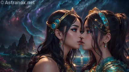 Two girls in love share a starlit kiss by the lake under the night sky - Fantasy 4K wallpaper